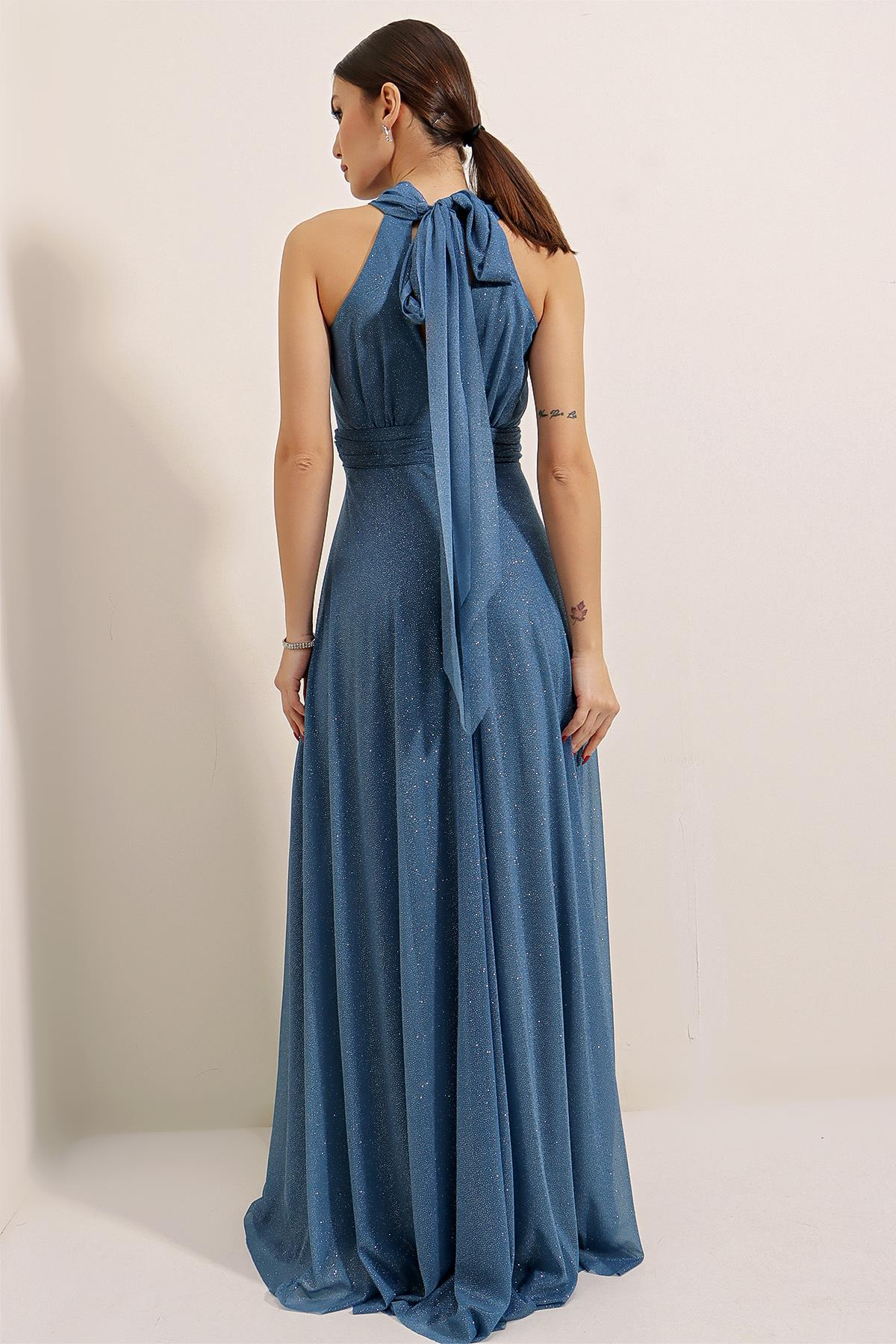 S-22K3630004Boyundan Bağlamalı Astarlı Simli Uzun Elbise