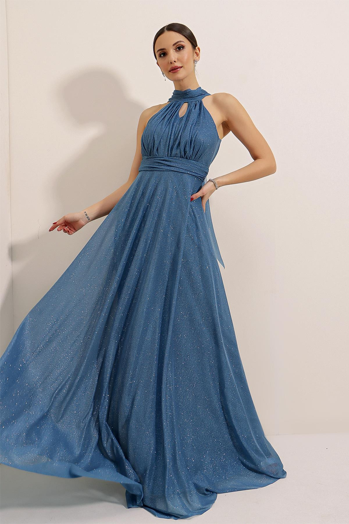 S-22K3630004Boyundan Bağlamalı Astarlı Simli Uzun Elbise