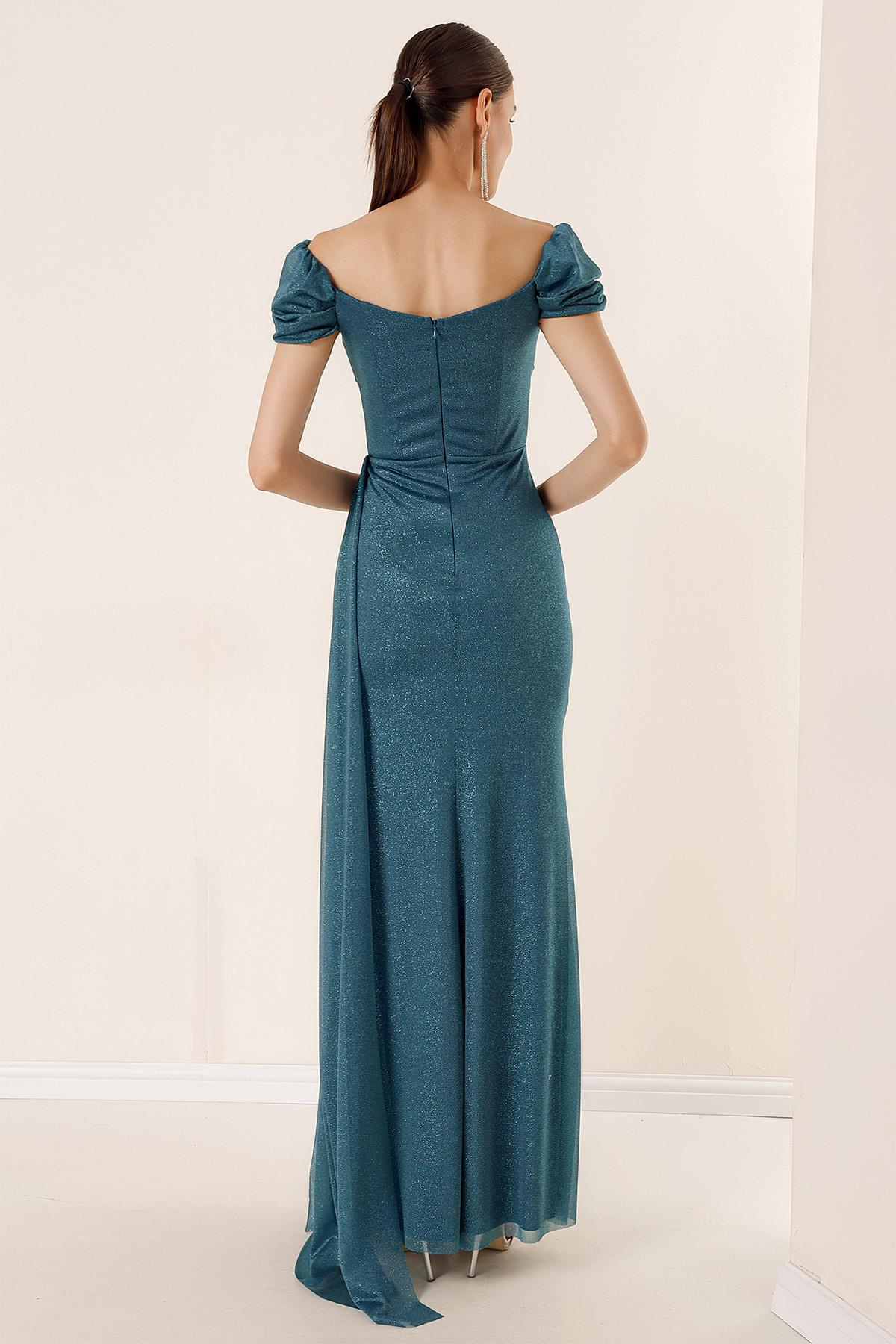 S-22K3630011Önü Büzgülü Düşük Kol Astarlı Simli Uzun Elbise