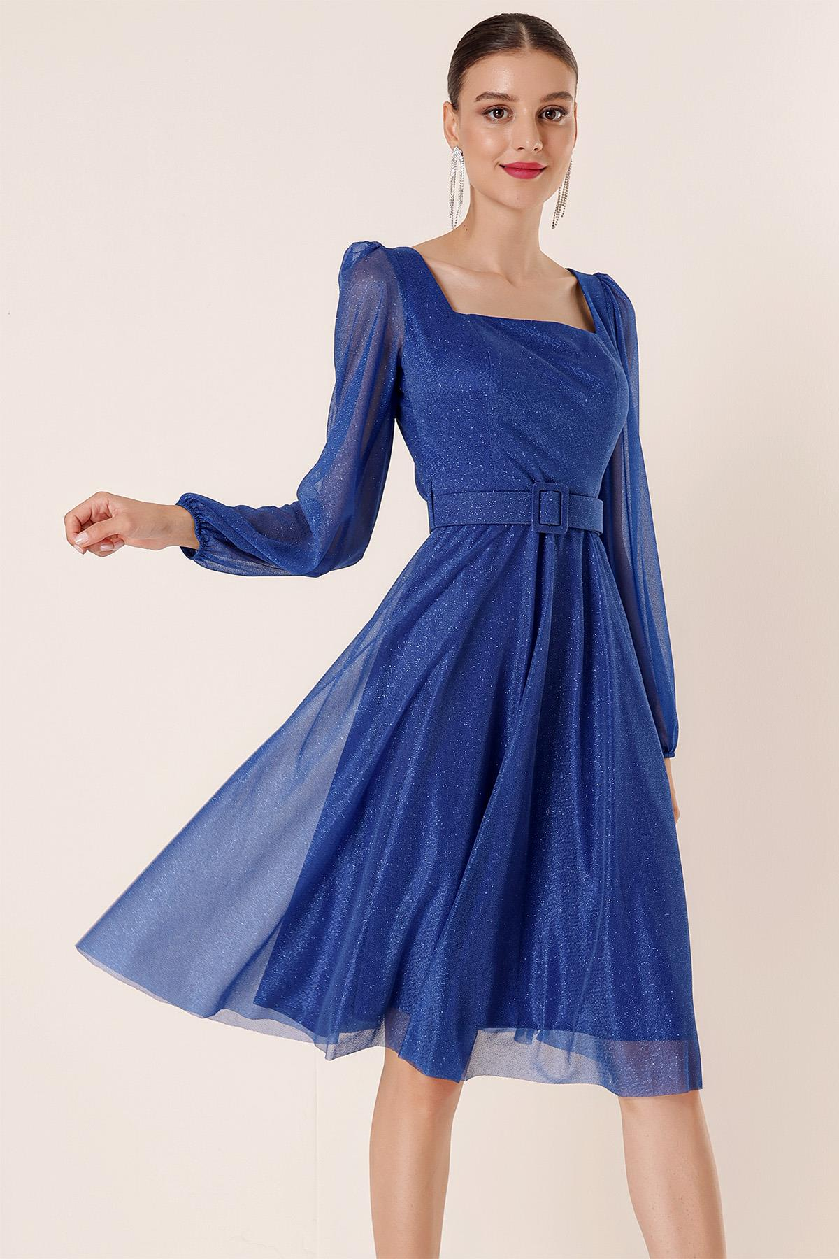 S-22K3630014Square Neck Belted Balloon Sleeve Lined Sequin Dress