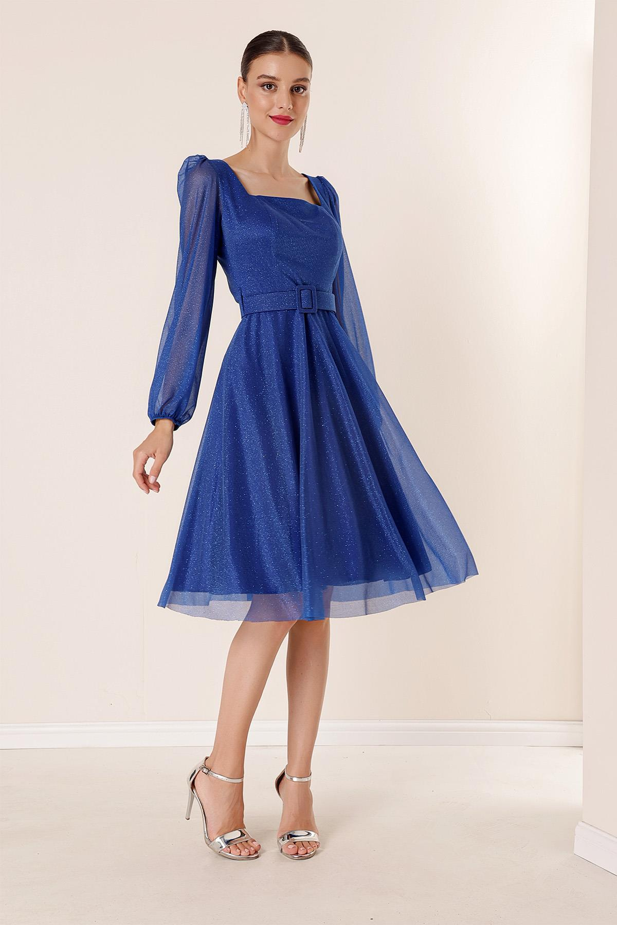 S-22K3630014Square Neck Belted Balloon Sleeve Lined Sequin Dress