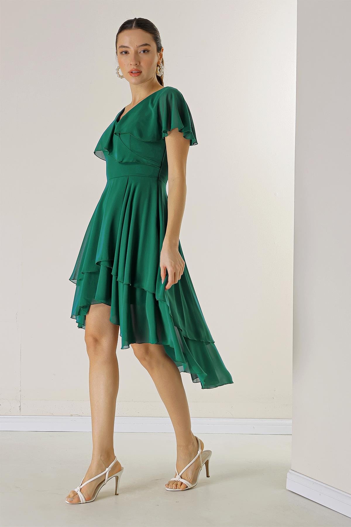 S-23K0130008Short At The Front, Long In The Back Chiffon Dress Flounces Coated Storey