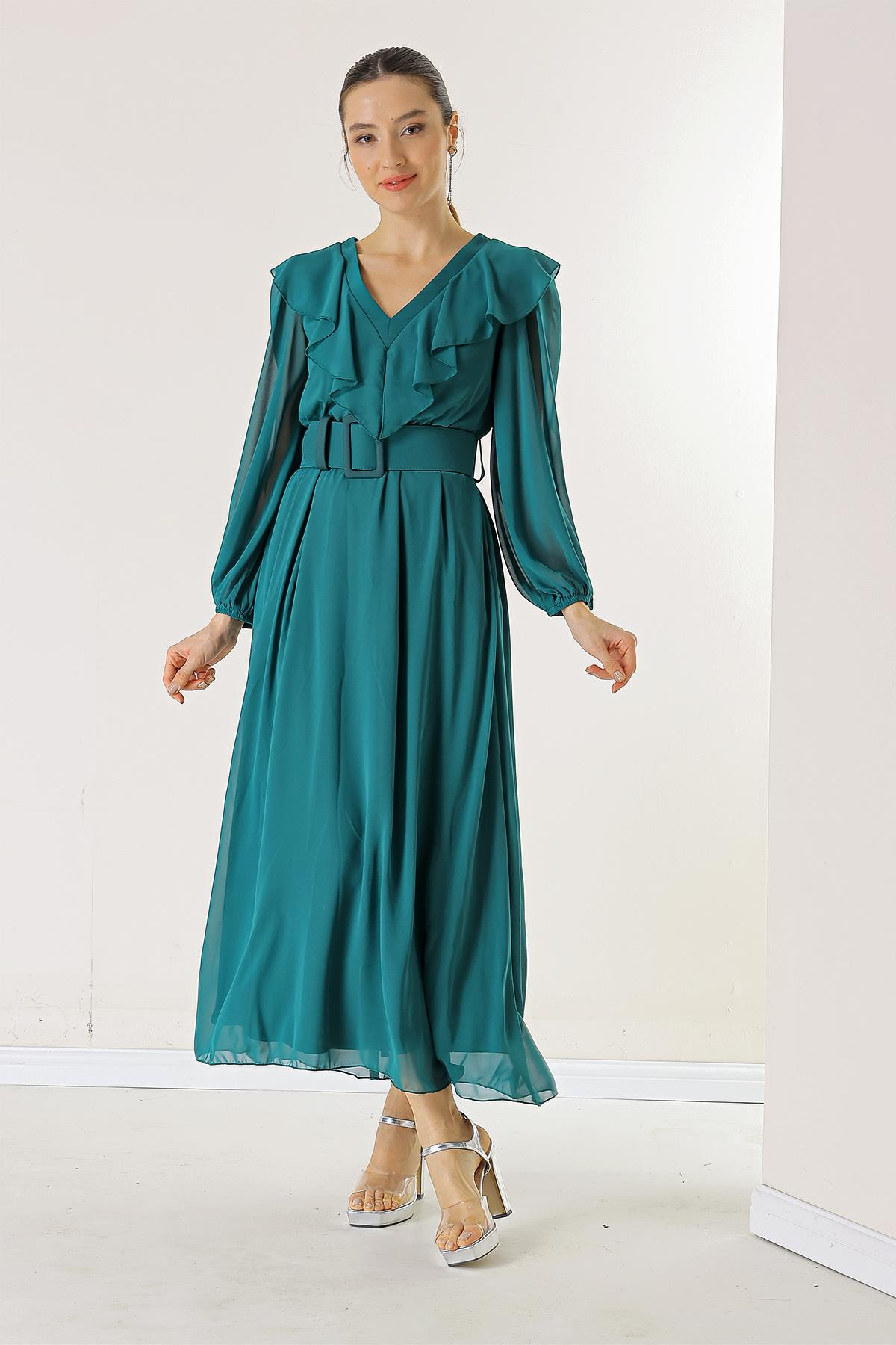 S-23K0130009Yakası Volanlı Bantlı Beli Kemerli Astarlı Şifon Elbise