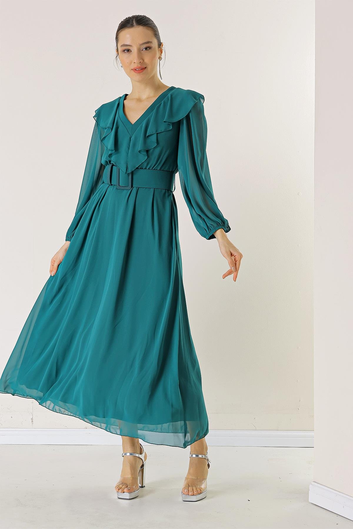 S-23K0130009Yakası Volanlı Bantlı Beli Kemerli Astarlı Şifon Elbise