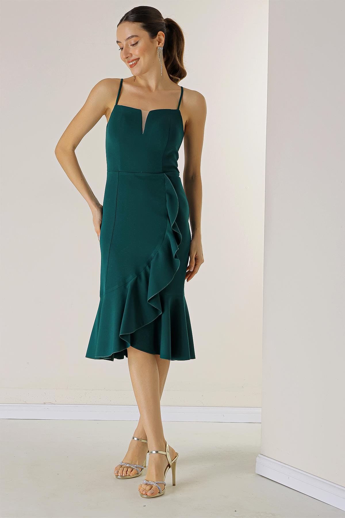 S-23K0130010Ip Coated Crepe Dress Straps Skirt Flounces