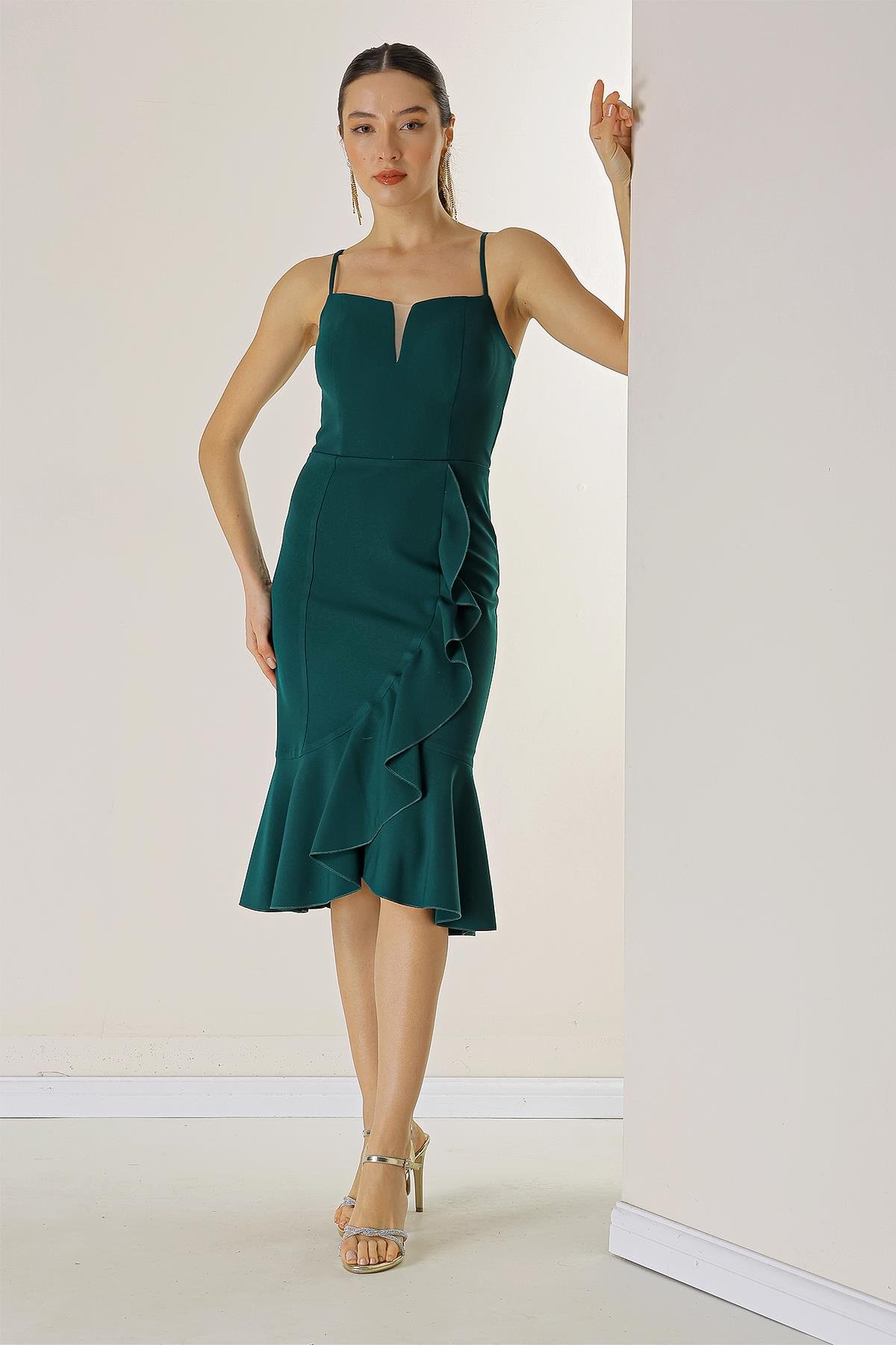 S-23K0130010Ip Coated Crepe Dress Straps Skirt Flounces