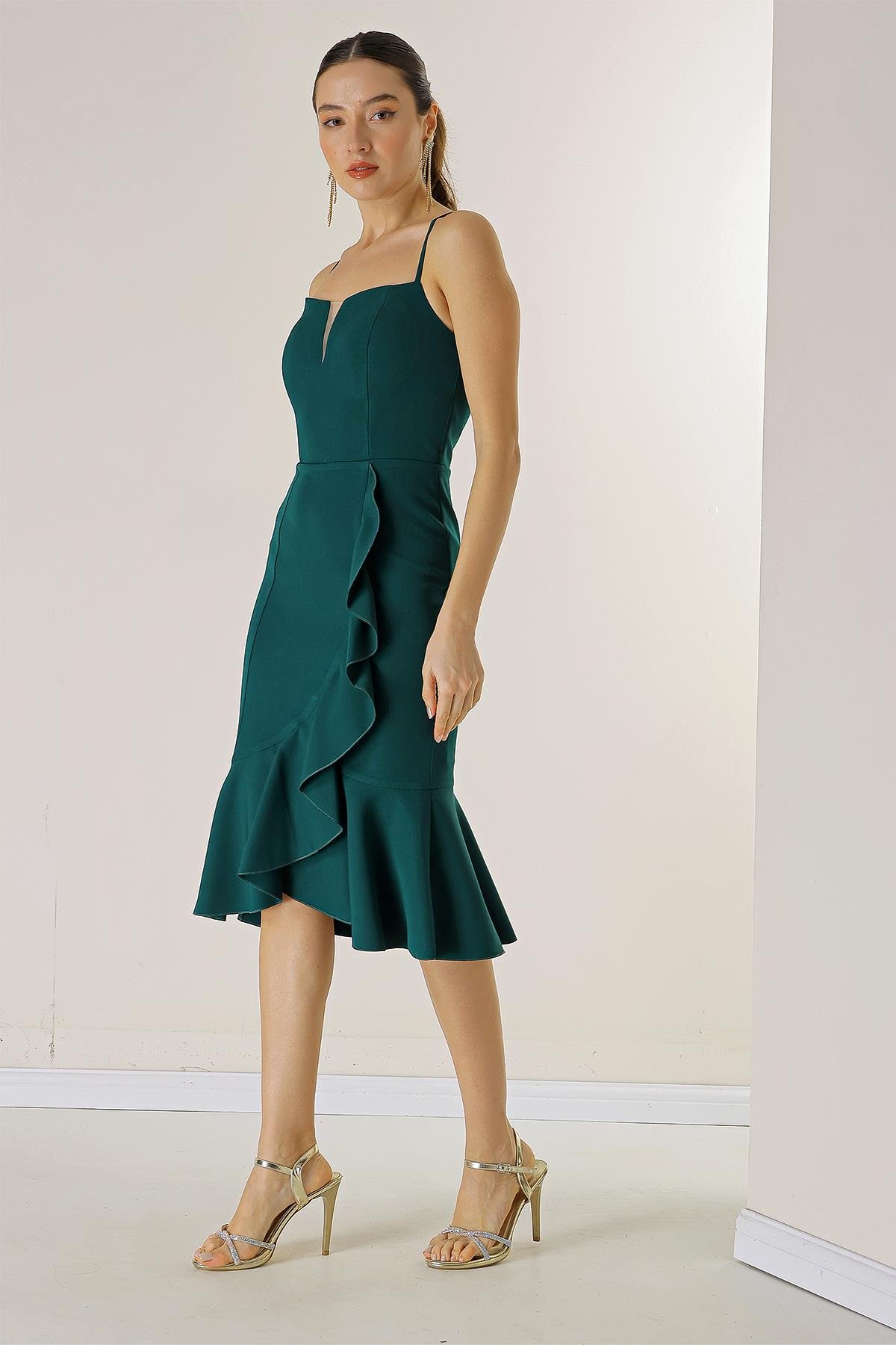 S-23K0130010Ip Coated Crepe Dress Straps Skirt Flounces