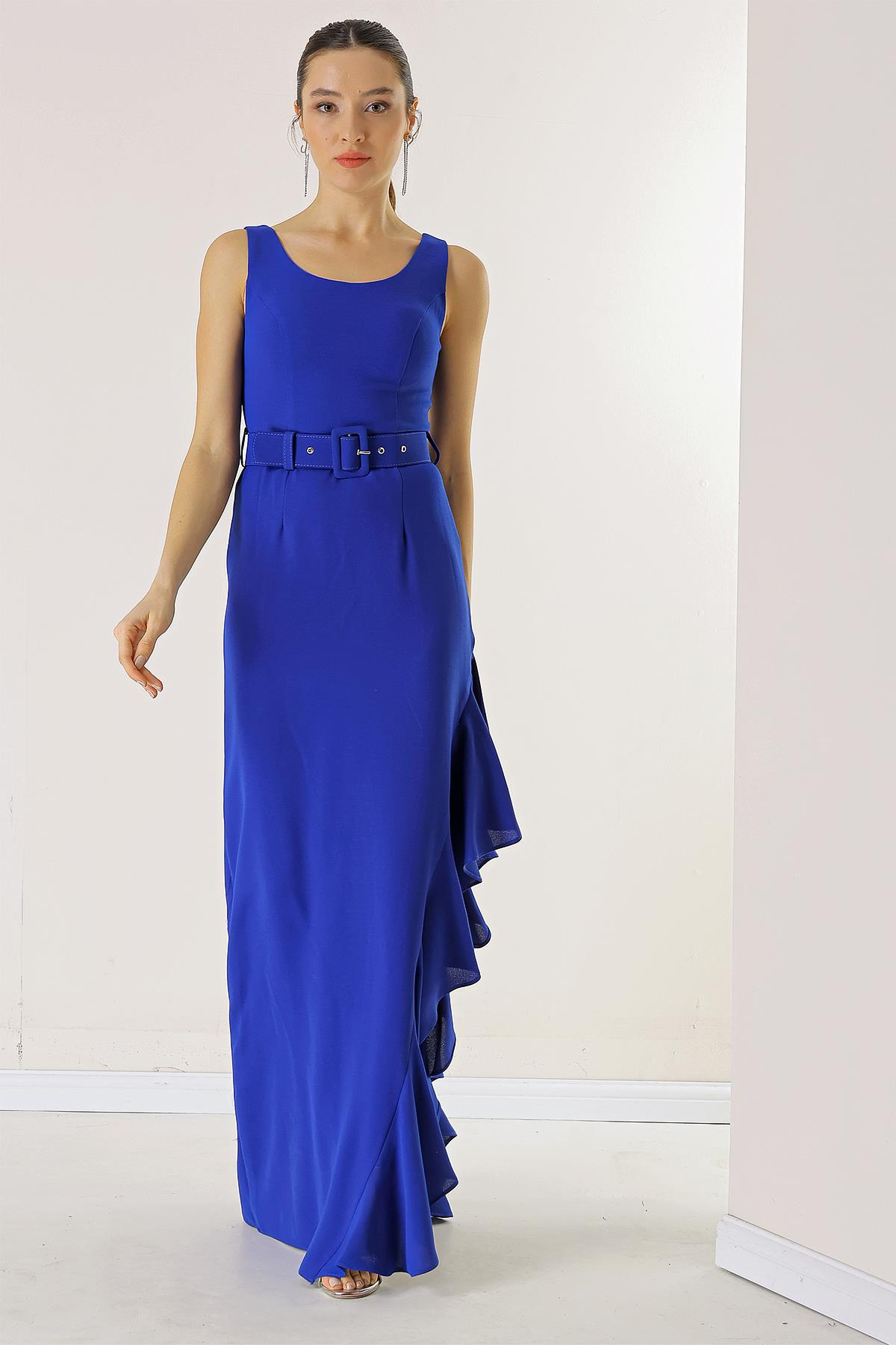 S-23K0130011Side Ruffled, Belted at the Waist, Lined Long Crepe Dress