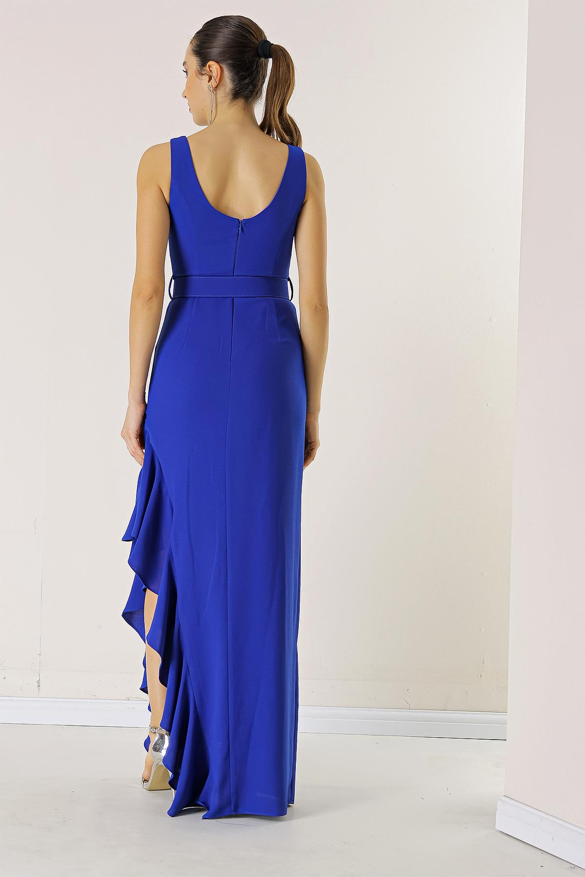 S-23K0130011Side Ruffled, Belted at the Waist, Lined Long Crepe Dress