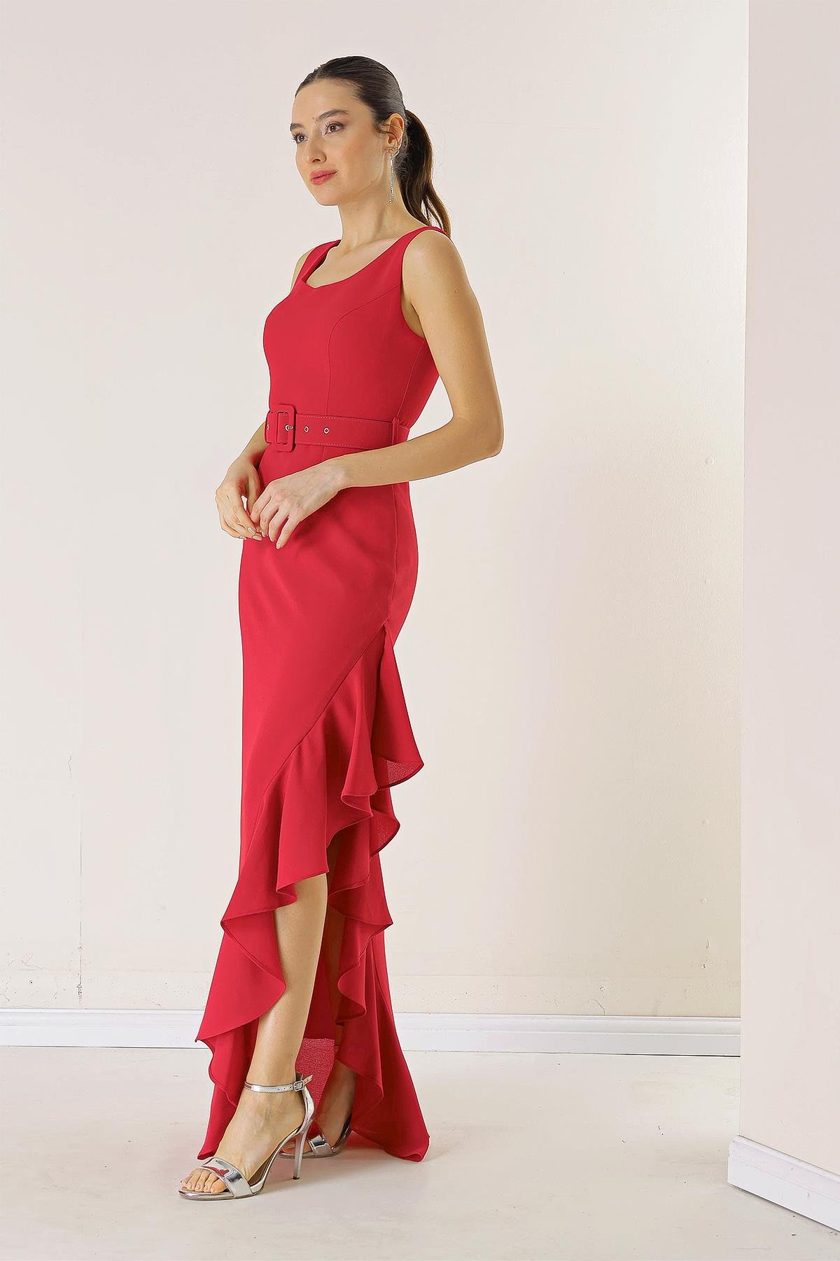 S-23K0130011Side Ruffled, Belted at the Waist, Lined Long Crepe Dress