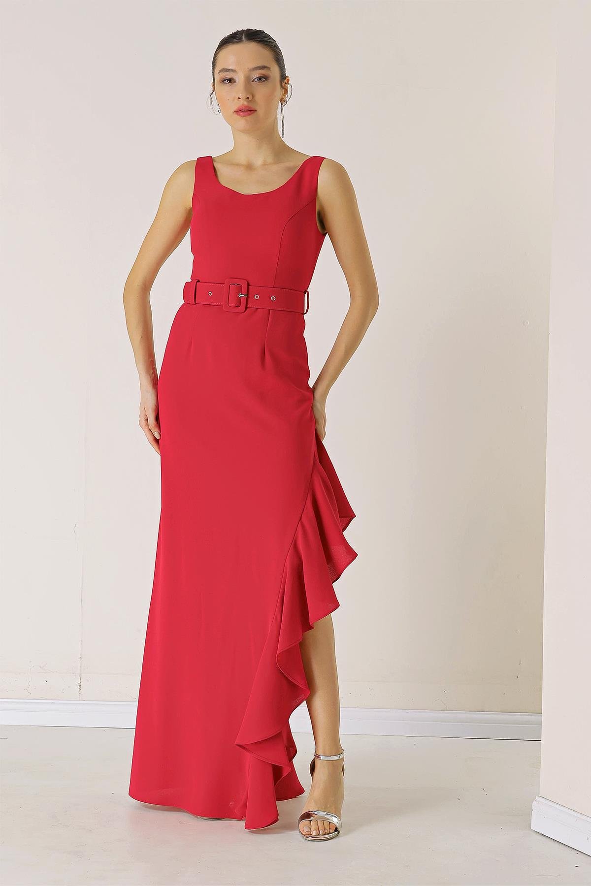 S-23K0130011Side Ruffled, Belted at the Waist, Lined Long Crepe Dress