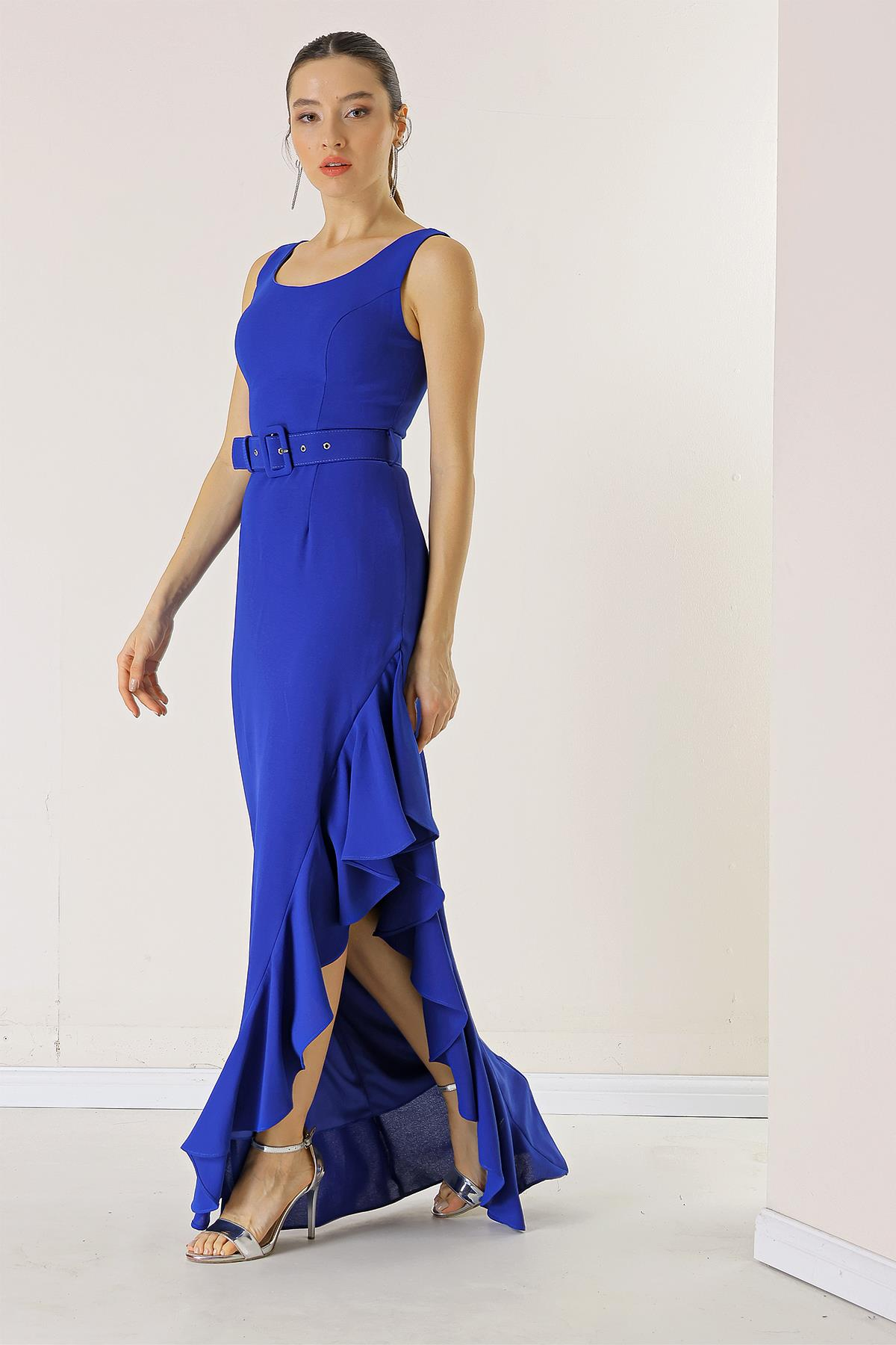S-23K0130011Side Ruffled, Belted at the Waist, Lined Long Crepe Dress