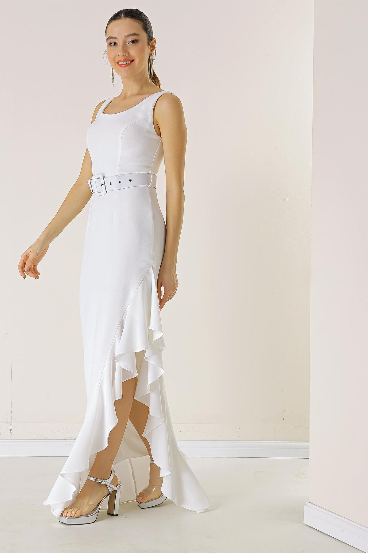 S-23K0130011Side Ruffled, Belted at the Waist, Lined Long Crepe Dress