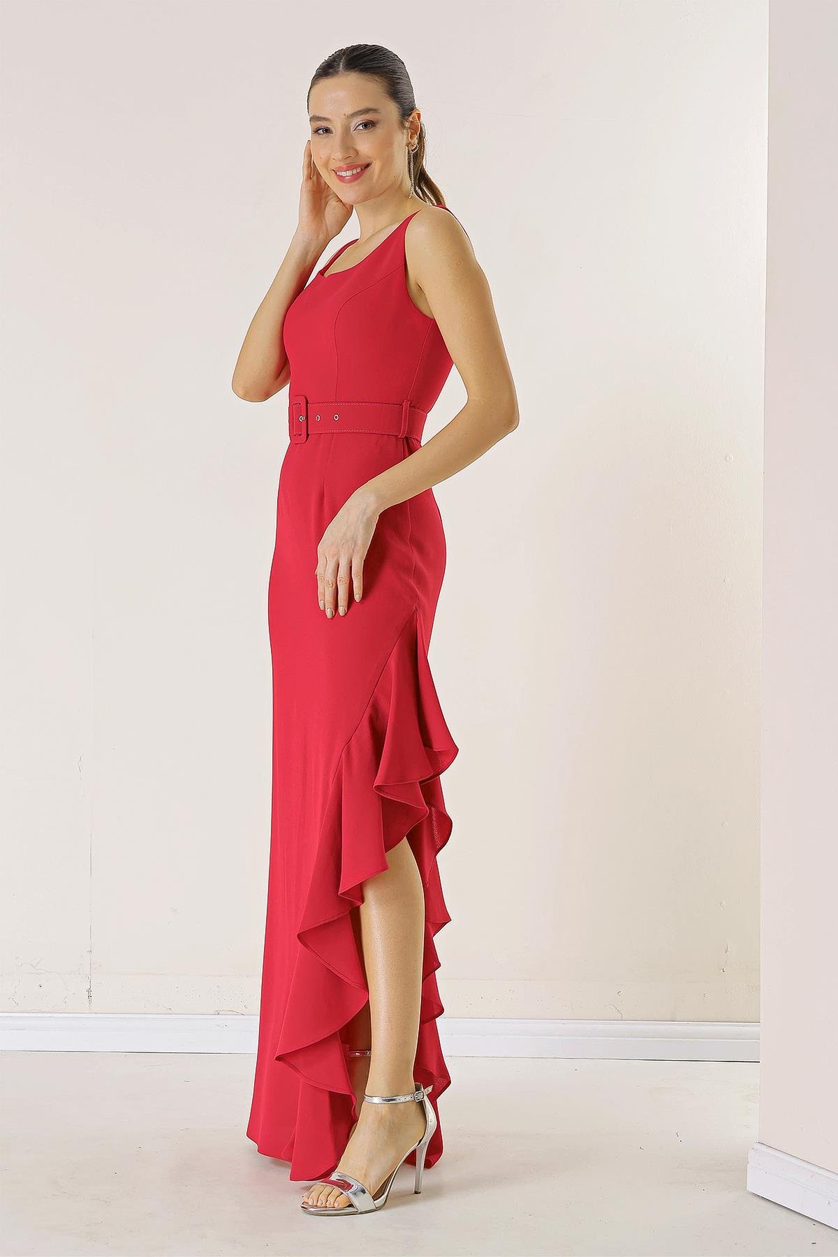 S-23K0130011Side Ruffled, Belted at the Waist, Lined Long Crepe Dress