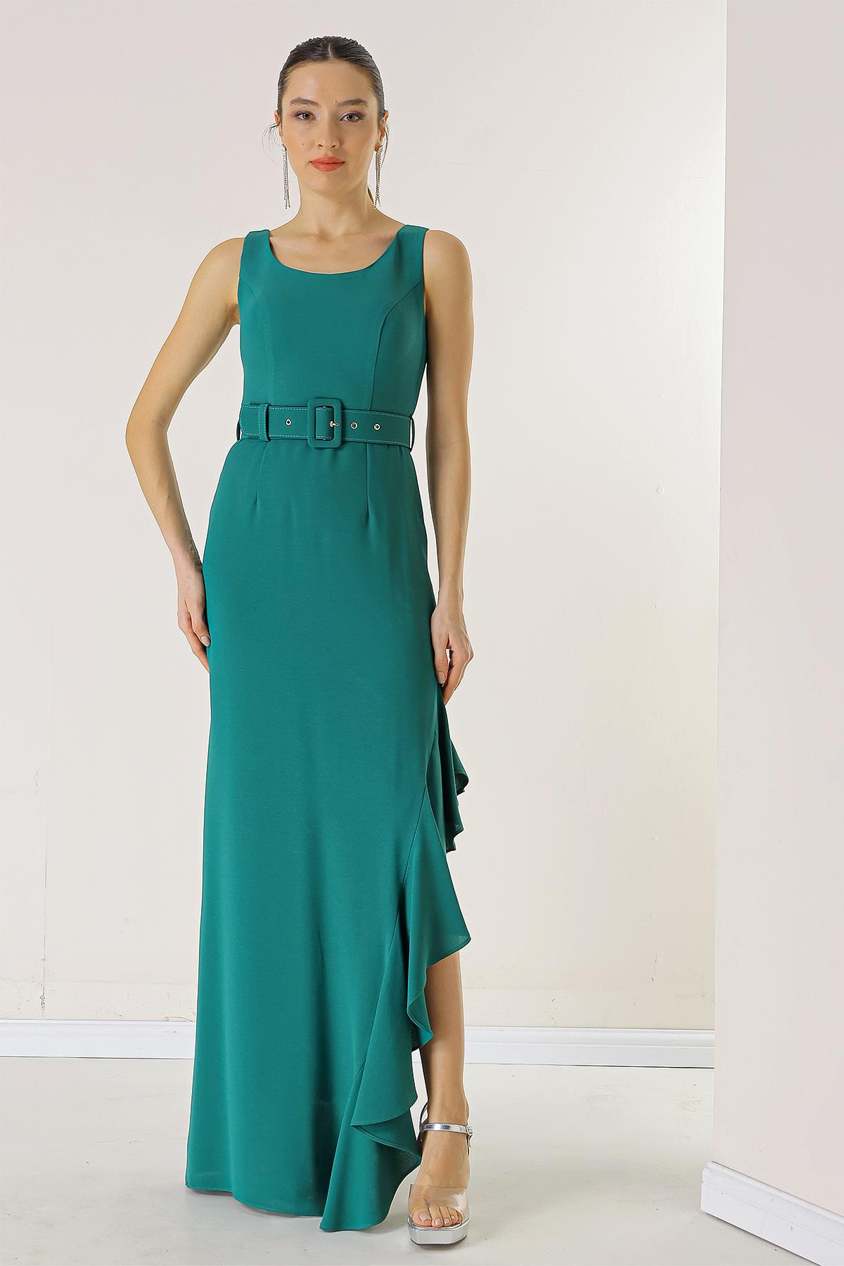 S-23K0130011Side Ruffled, Belted at the Waist, Lined Long Crepe Dress