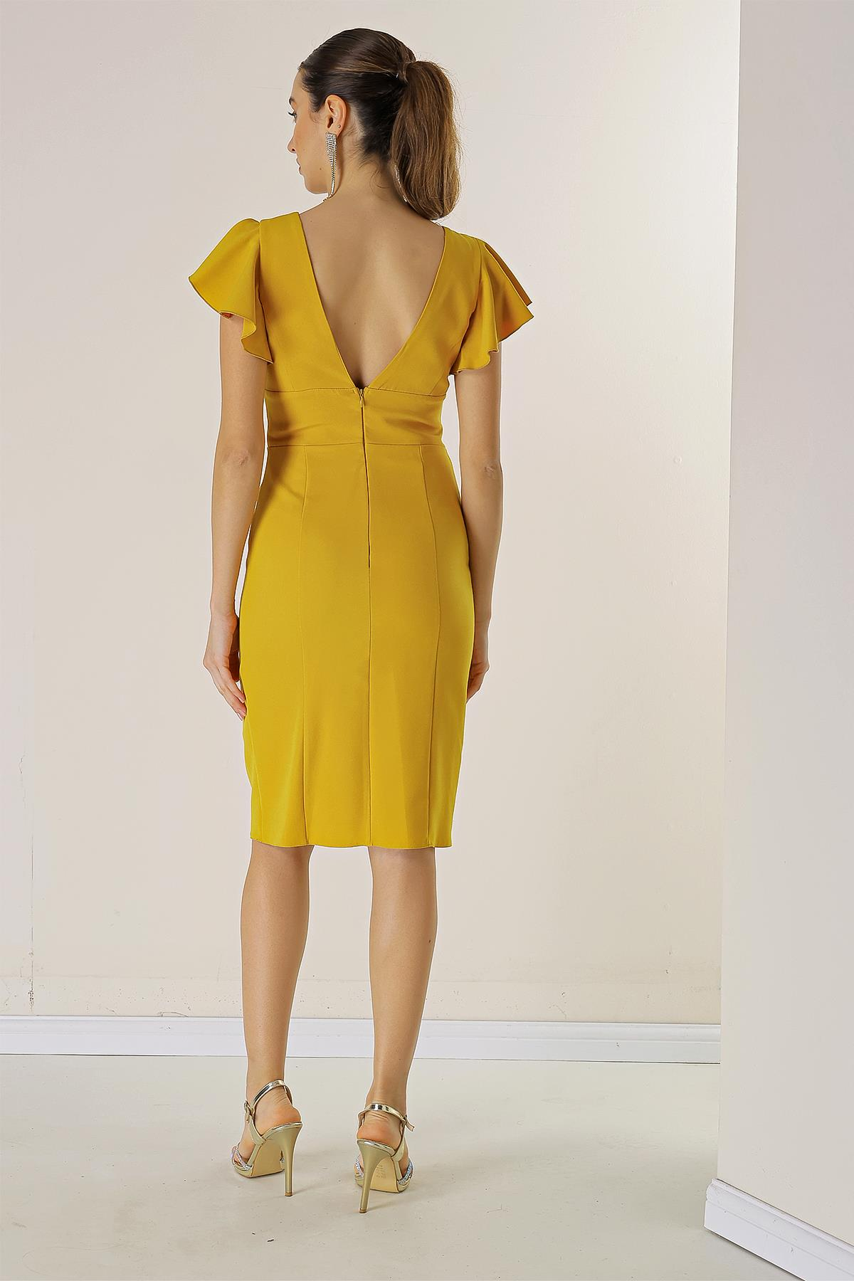 S-23K0130015Front And Rear V-Neck Crepe Dress With Flounces Sleeves Coated