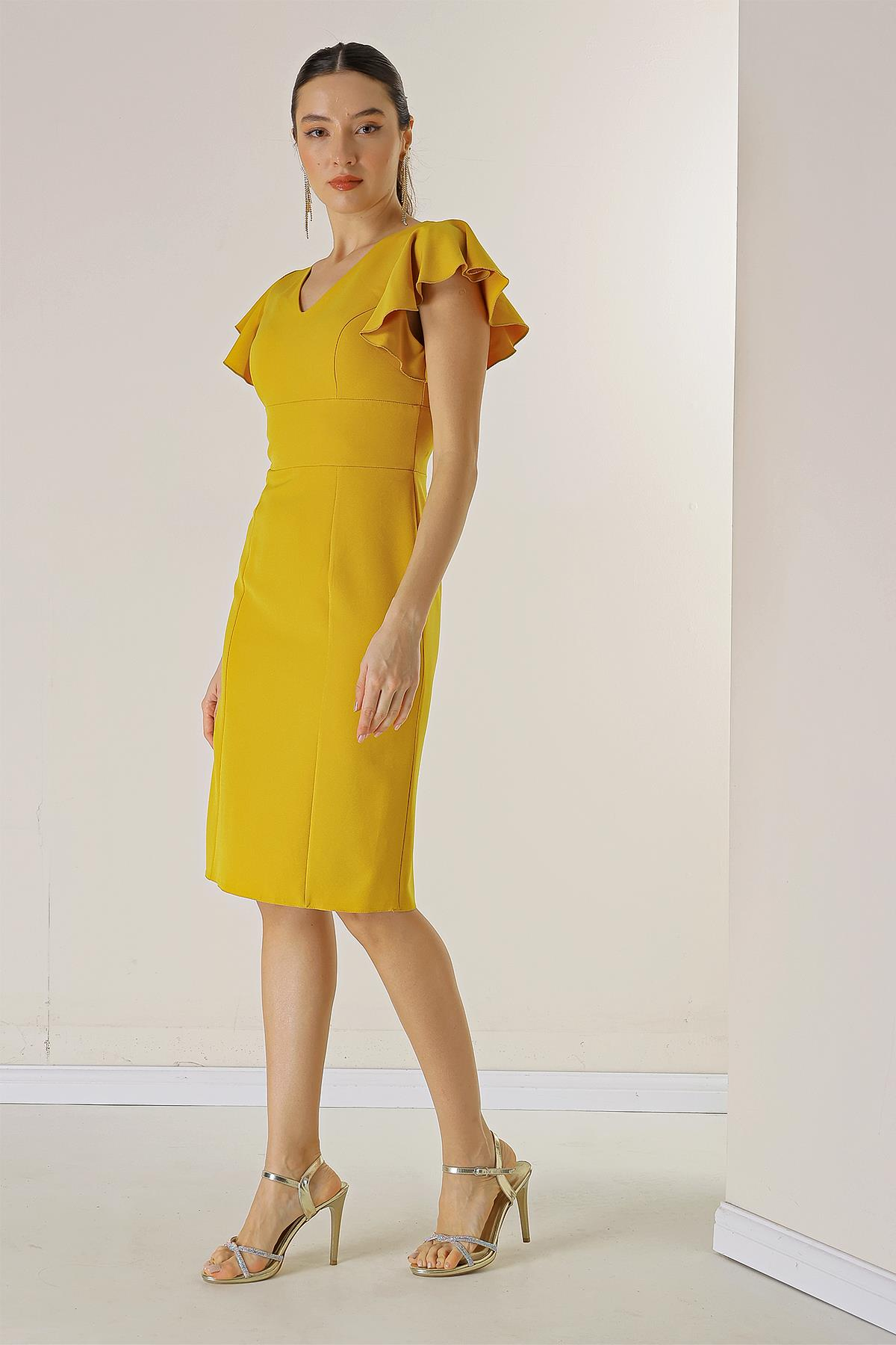 S-23K0130015Front And Rear V-Neck Crepe Dress With Flounces Sleeves Coated