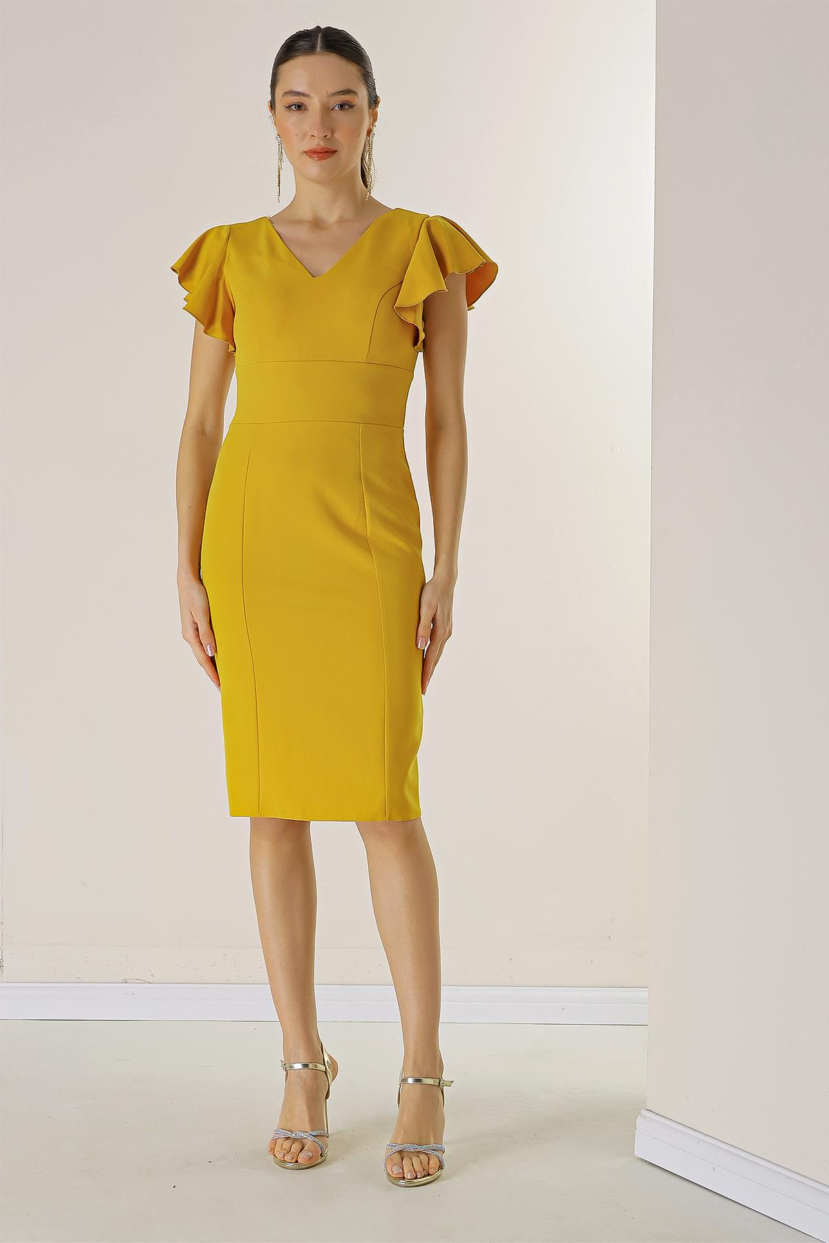 S-23K0130015Front And Rear V-Neck Crepe Dress With Flounces Sleeves Coated