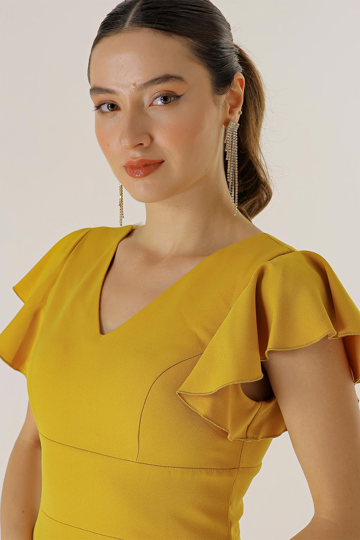 S-23K0130015Front And Rear V-Neck Crepe Dress With Flounces Sleeves Coated