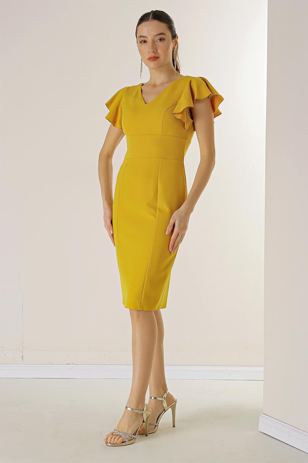 S-23K0130015Front And Rear V-Neck Crepe Dress With Flounces Sleeves Coated