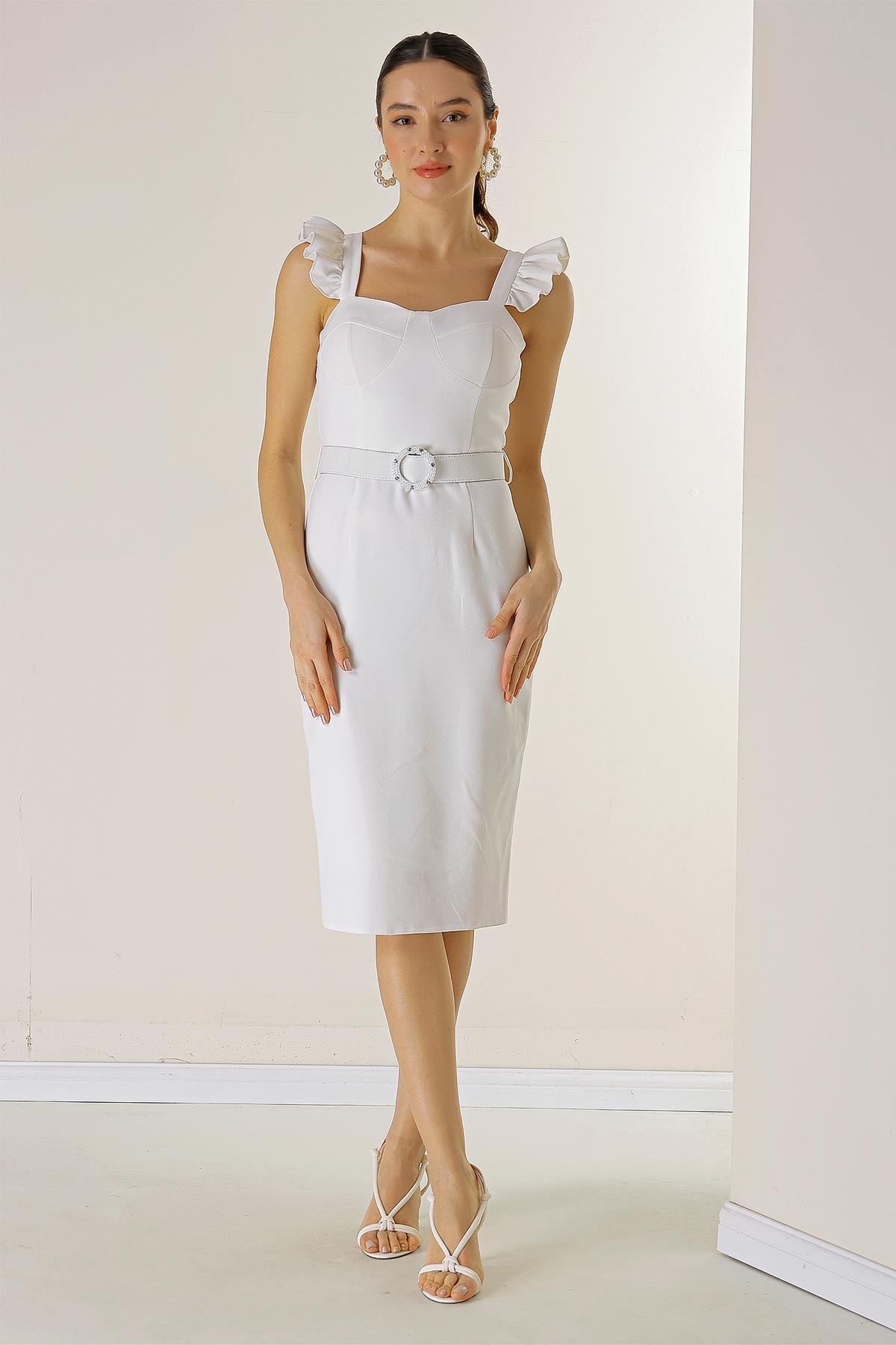 S-23K0130018Arched Ruffled Crepe Dress Detailed Waist Straps Glop Astarlli