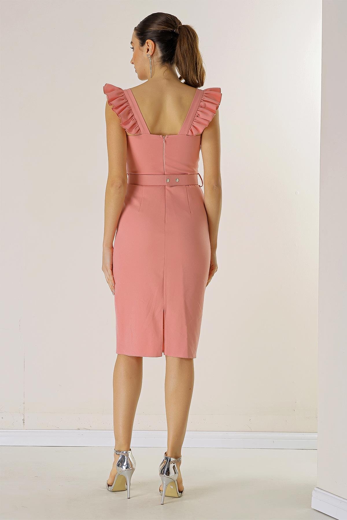 S-23K0130018Askıları Fırfırlı Glop Detaylı Astarllı Beli Kemerli Krep Elbise