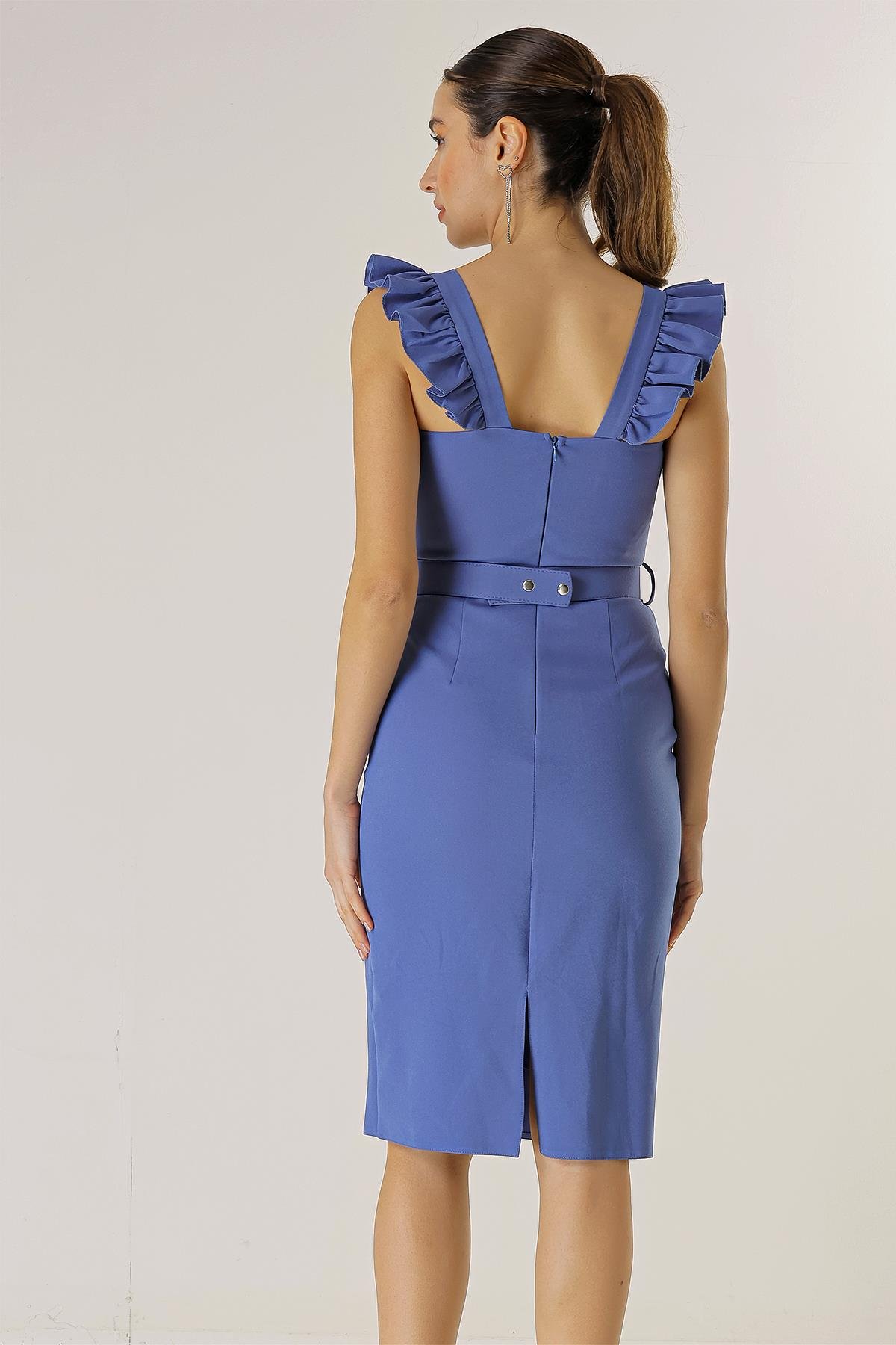 S-23K0130018Arched Ruffled Crepe Dress Detailed Waist Straps Glop Astarlli