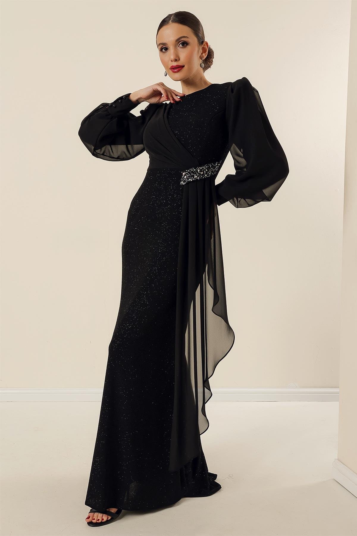 S-23K0190011Beli Taş Aksesuarlı Likralı Şifon Detaylı Astarlı Uzun Simli Geniş Beden Aralıklı Elbise