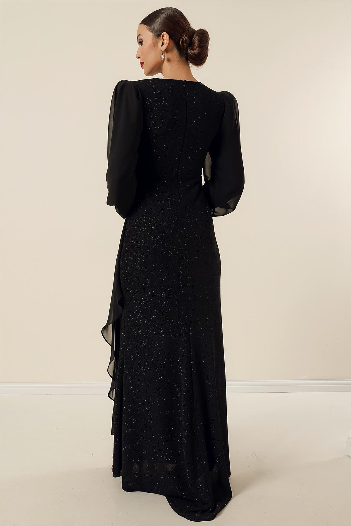 S-23K0190011Beli Taş Aksesuarlı Likralı Şifon Detaylı Astarlı Uzun Simli Geniş Beden Aralıklı Elbise