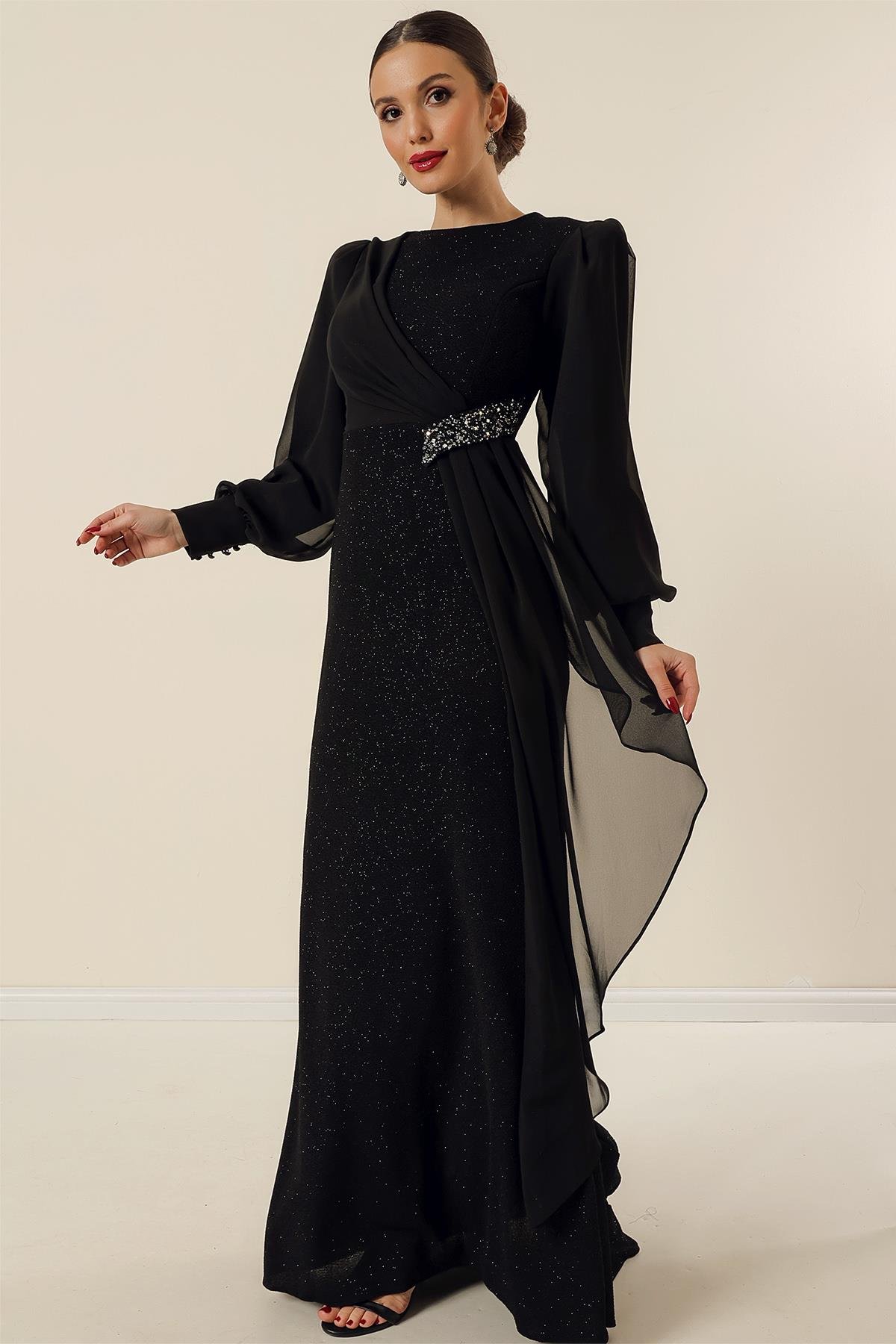 S-23K0190011Beli Taş Aksesuarlı Likralı Şifon Detaylı Astarlı Uzun Simli Geniş Beden Aralıklı Elbise