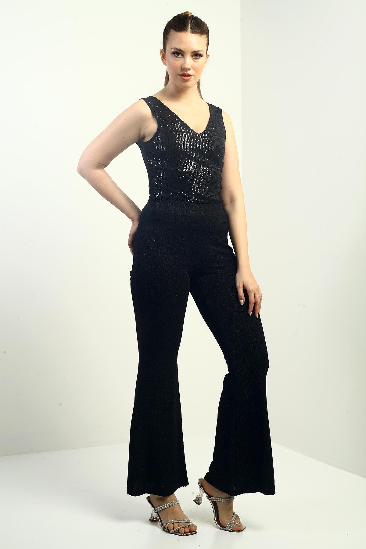 S-23K0190015Beli Lastikli Astarlı En Boy Likralı Bol Paça Geniş Beden Aralıklı Simli Pantolon