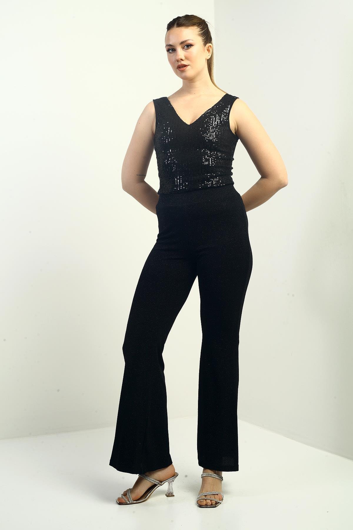 S-23K0190015Beli Lastikli Astarlı En Boy Likralı Bol Paça Geniş Beden Aralıklı Simli Pantolon