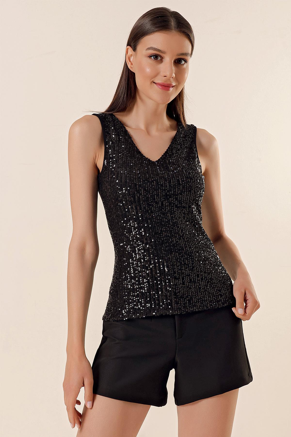S-23K0190023V-Neck Sleeveless Sequin Blouse
