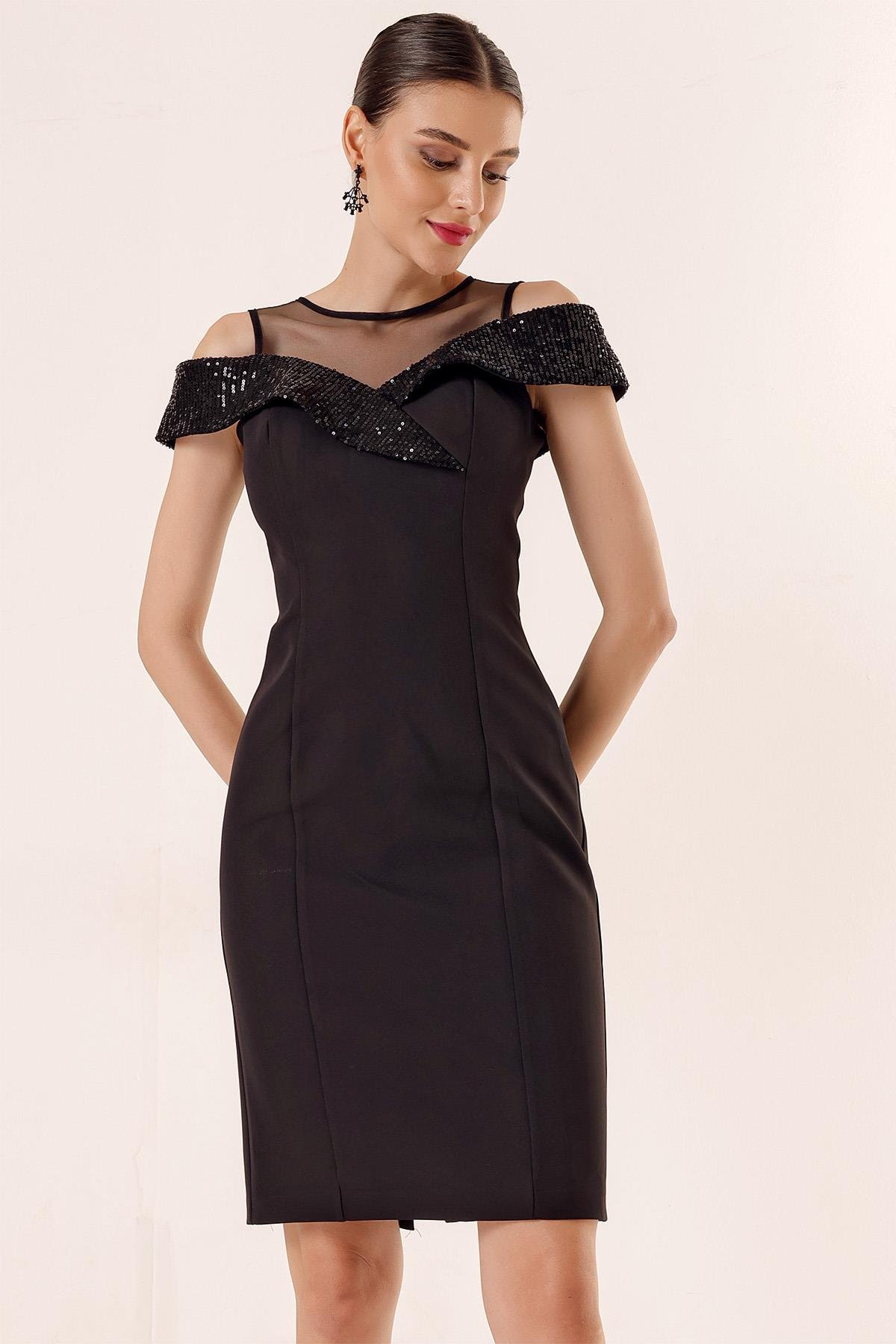 S-23K0190027Sequined Dress with Transparent Tulle Top and Collar