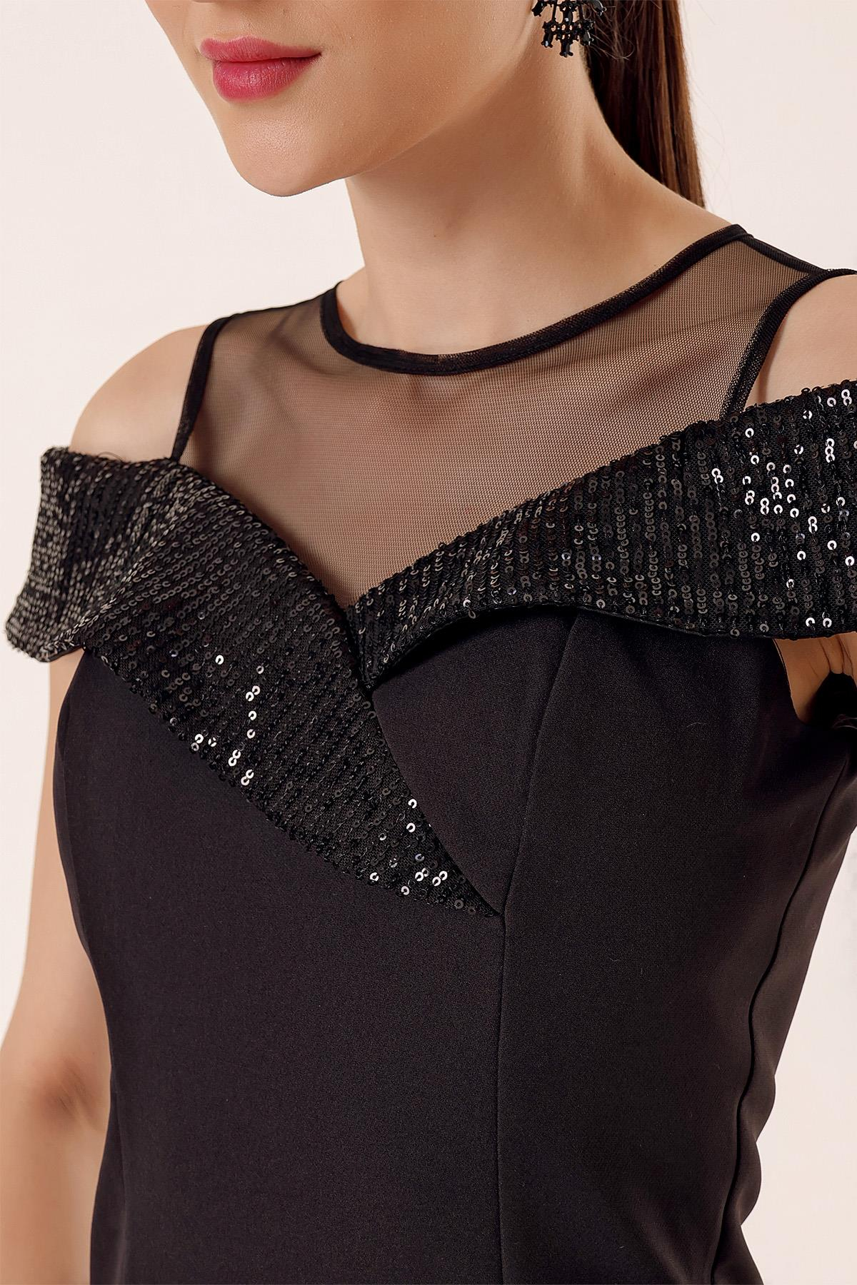 S-23K0190027Sequined Dress with Transparent Tulle Top and Collar