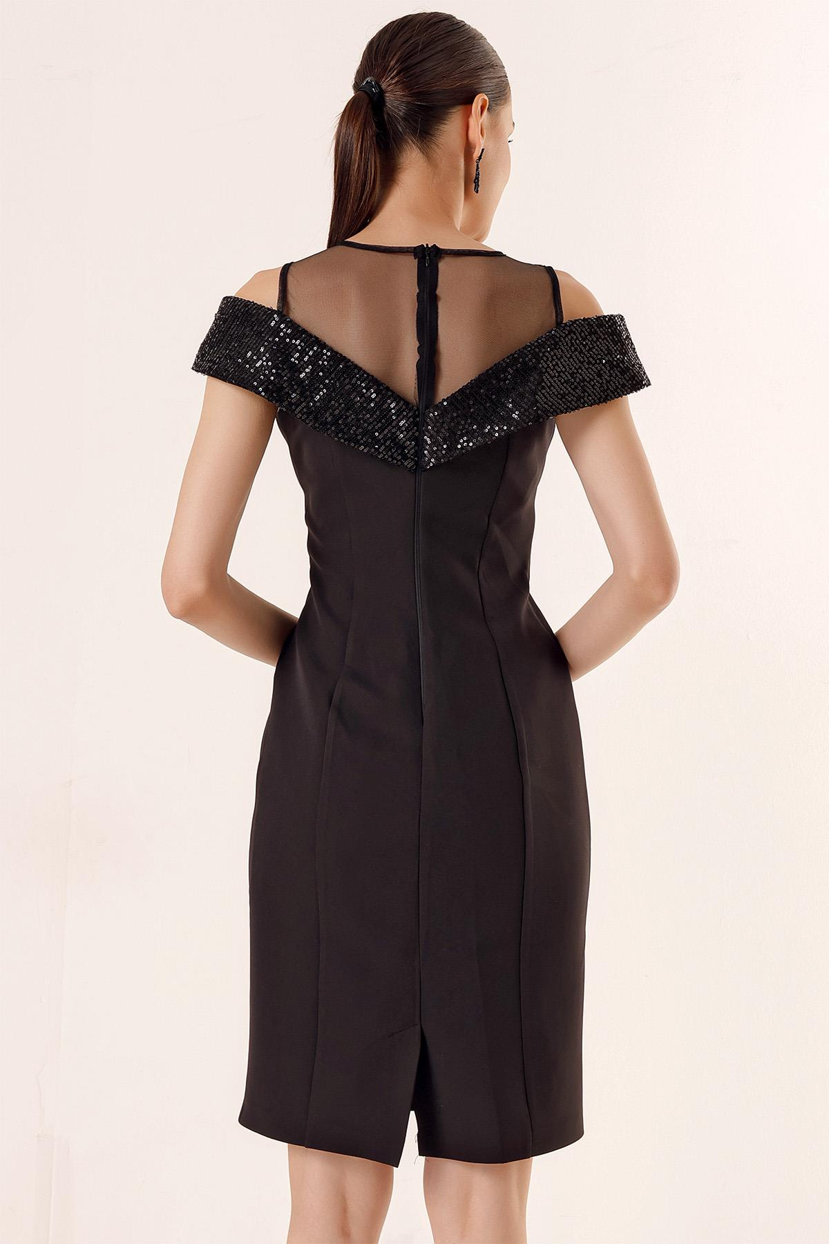 S-23K0190027Sequined Dress with Transparent Tulle Top and Collar