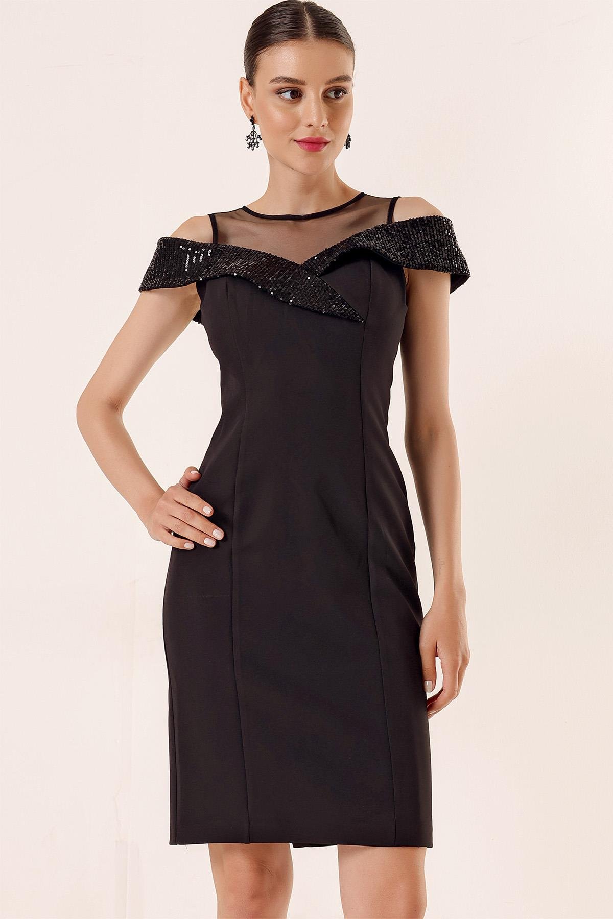 S-23K0190027Sequined Dress with Transparent Tulle Top and Collar