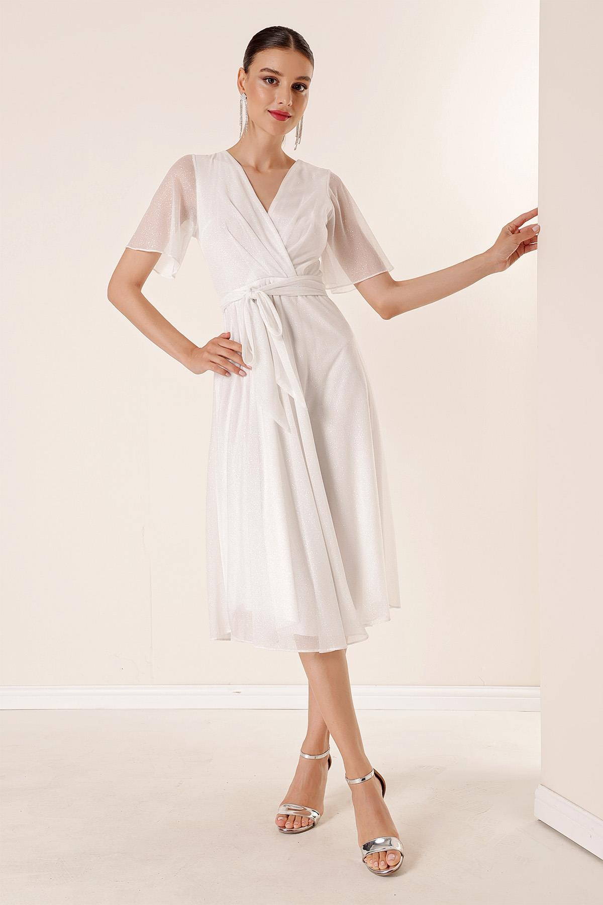 S-23K0190028Kruvaze Yaka Beli Kuşaklı Astarlı Simli Tül Elbise