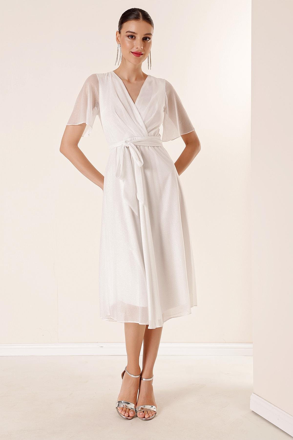 S-23K0190028Kruvaze Yaka Beli Kuşaklı Astarlı Simli Tül Elbise