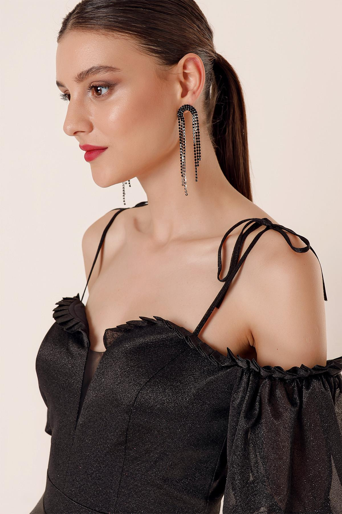 S-23K0230015Yakası Piliseli Balon Kollu Astarlı Simli Uzun Elbise