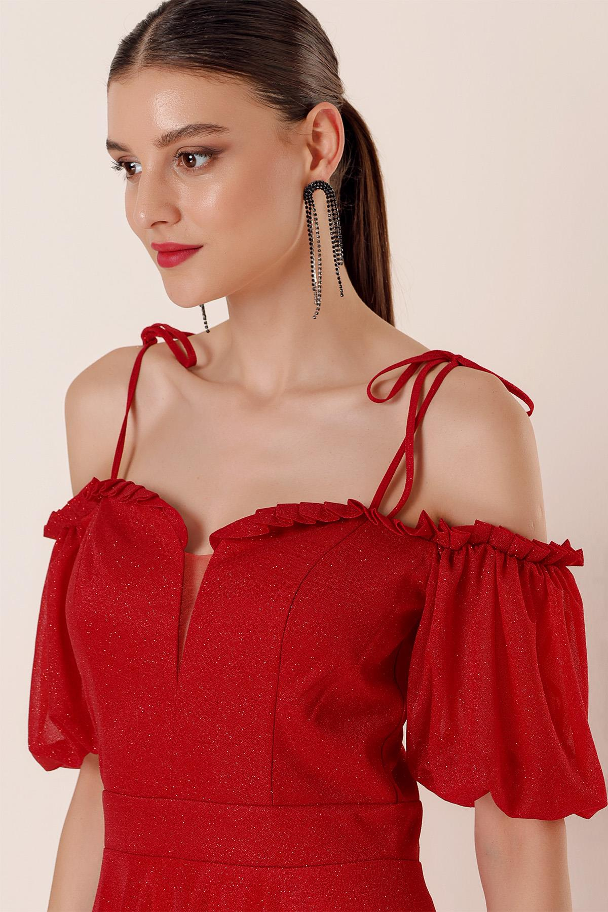 S-23K0230015Yakası Piliseli Balon Kollu Astarlı Simli Uzun Elbise