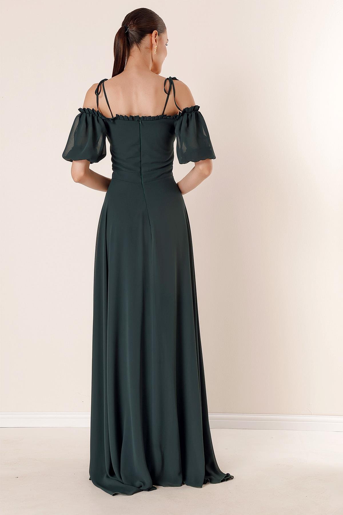 S-23K0230021Pleated Chiffon Dress Collar Long Sleeved Balloon