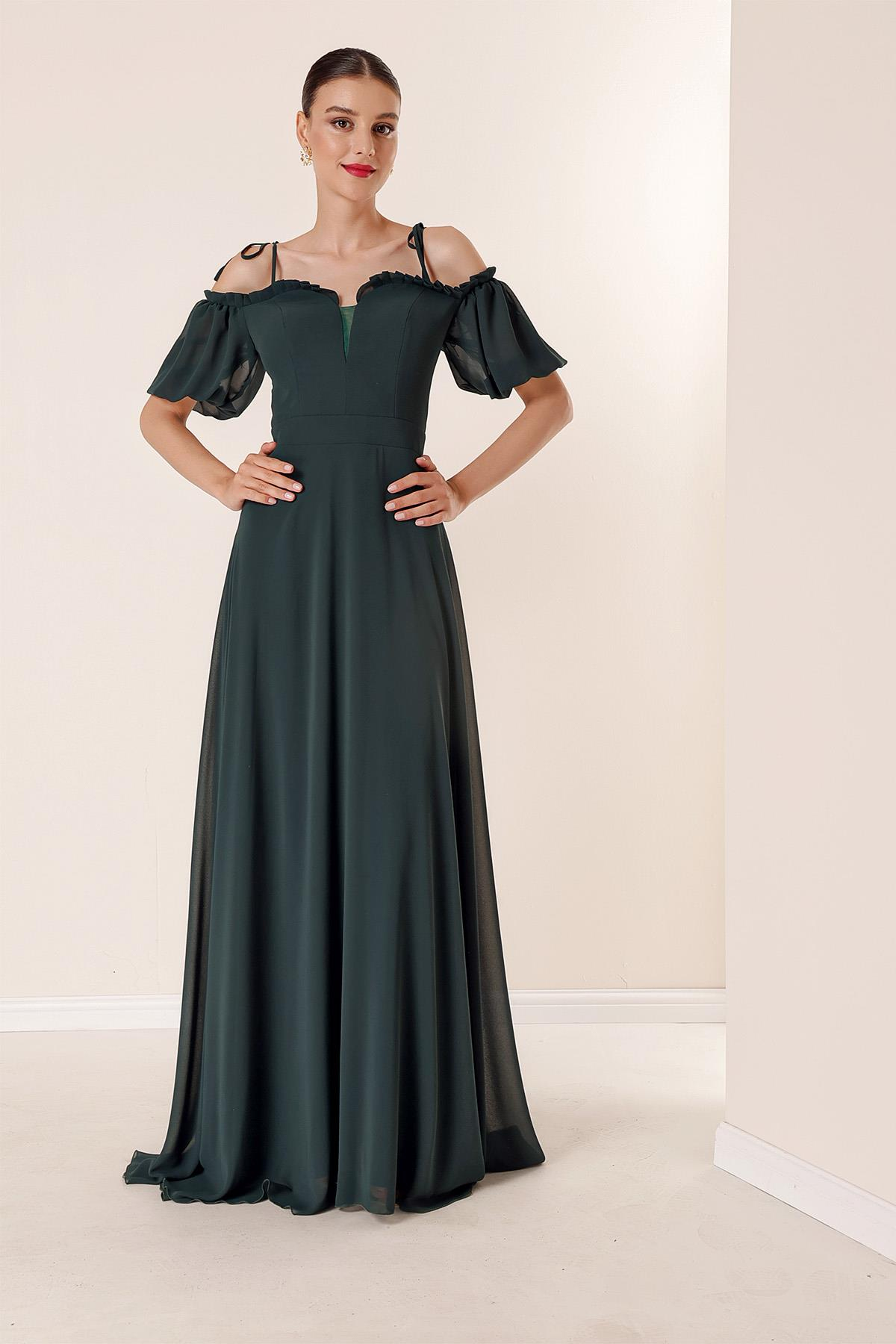 S-23K0230021Pleated Chiffon Dress Collar Long Sleeved Balloon