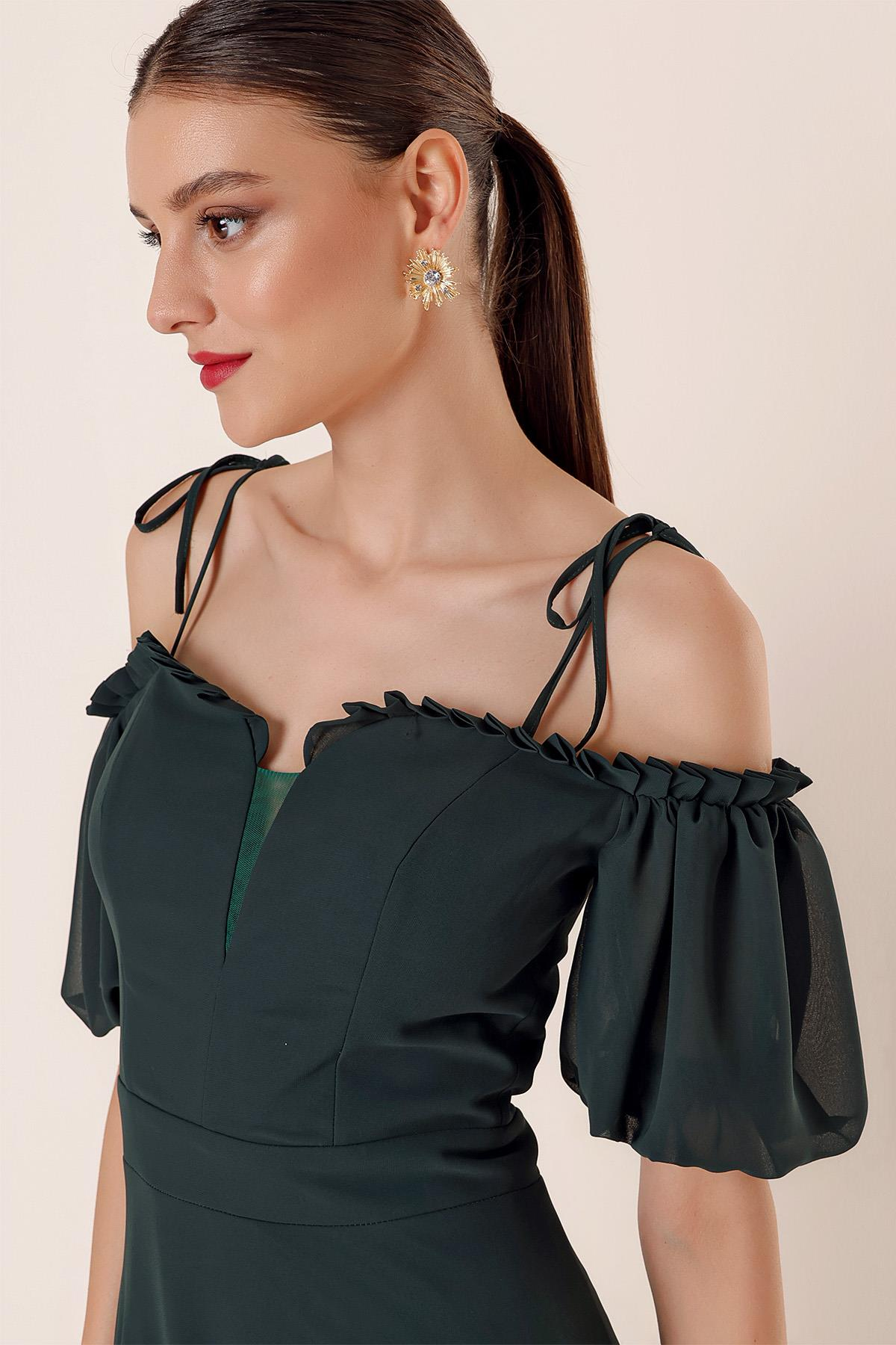 S-23K0230021Pleated Chiffon Dress Collar Long Sleeved Balloon