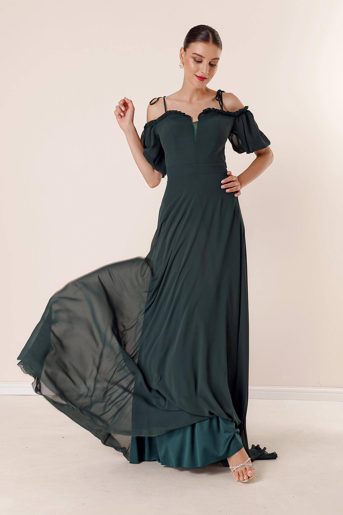 S-23K0230021Pleated Chiffon Dress Collar Long Sleeved Balloon