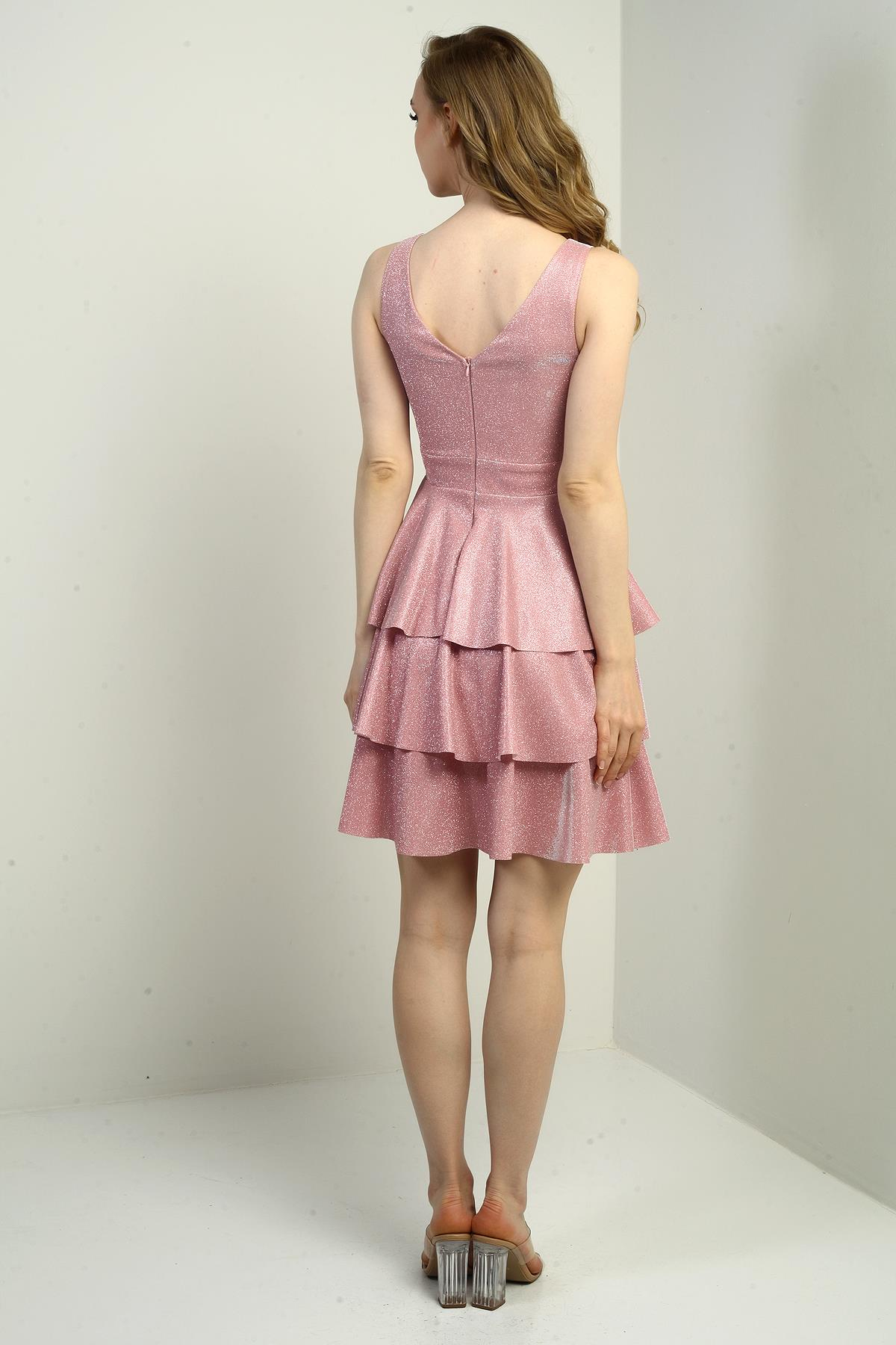 S-23K0230024Ön Arka V Yaka Simli Katlı Elbise