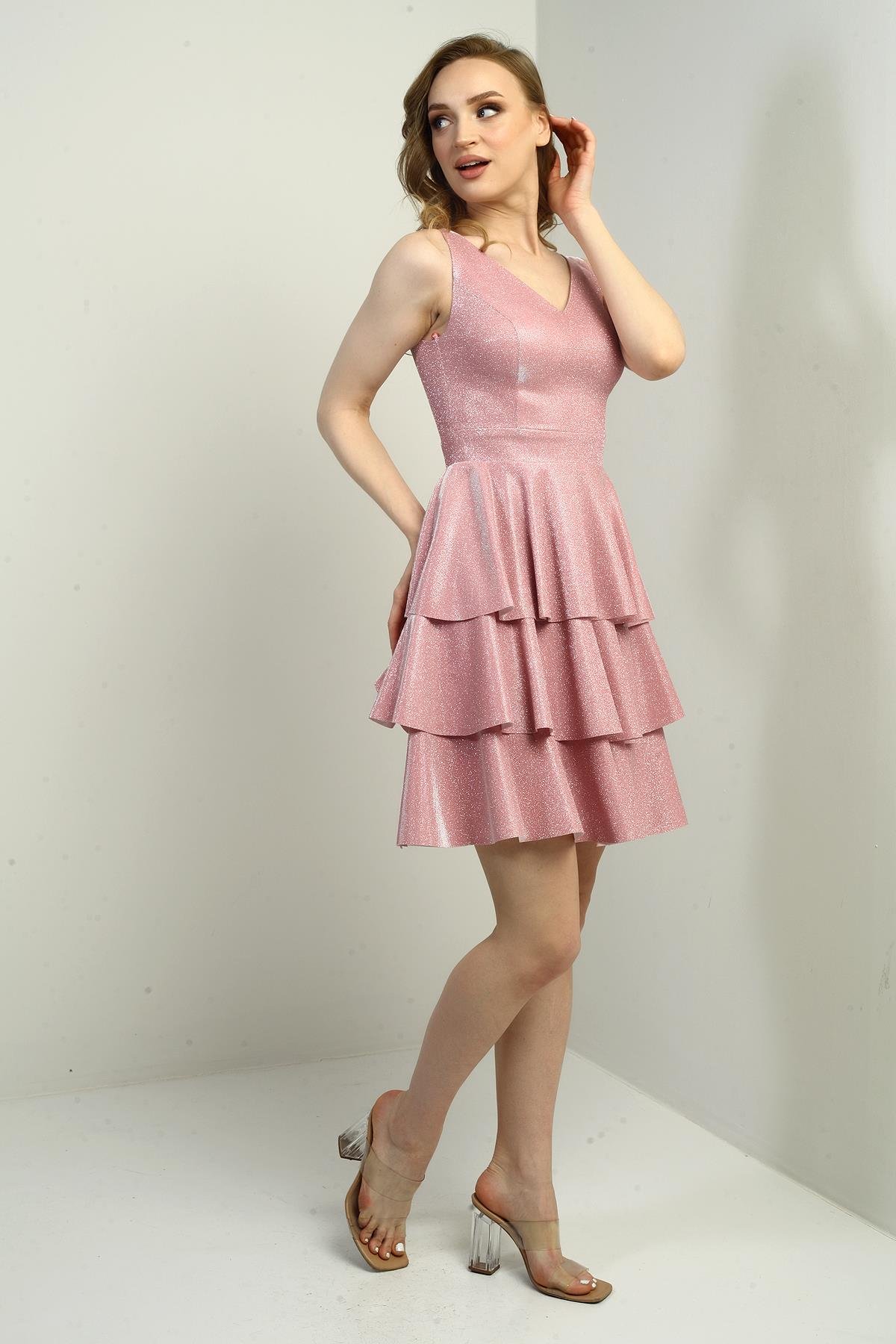 S-23K0230024Ön Arka V Yaka Simli Katlı Elbise