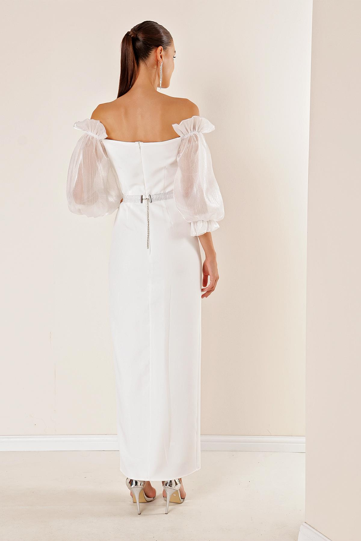 S-23K0230027Waist Belted Organza Long Sleeves Square Neck Front Slit Dress Black