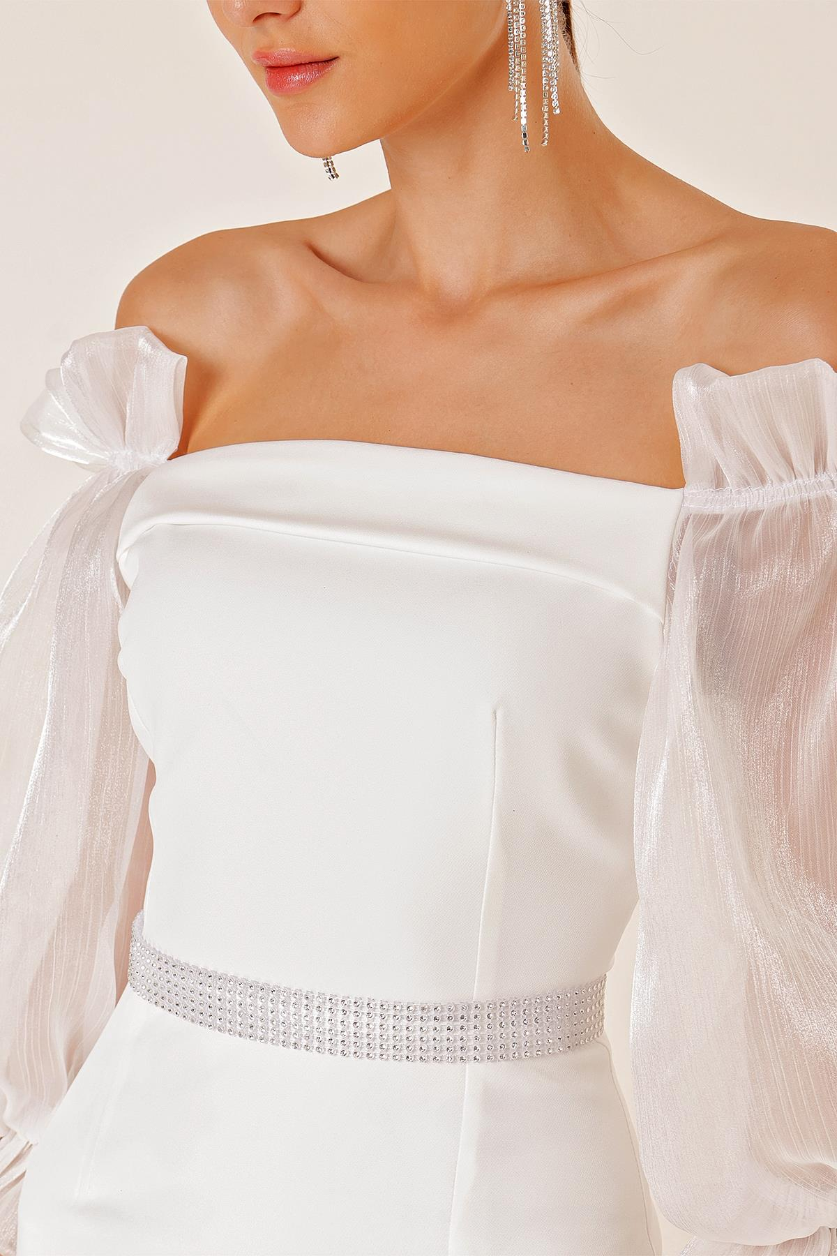 S-23K0230027Waist Belted Organza Long Sleeves Square Neck Front Slit Dress Black