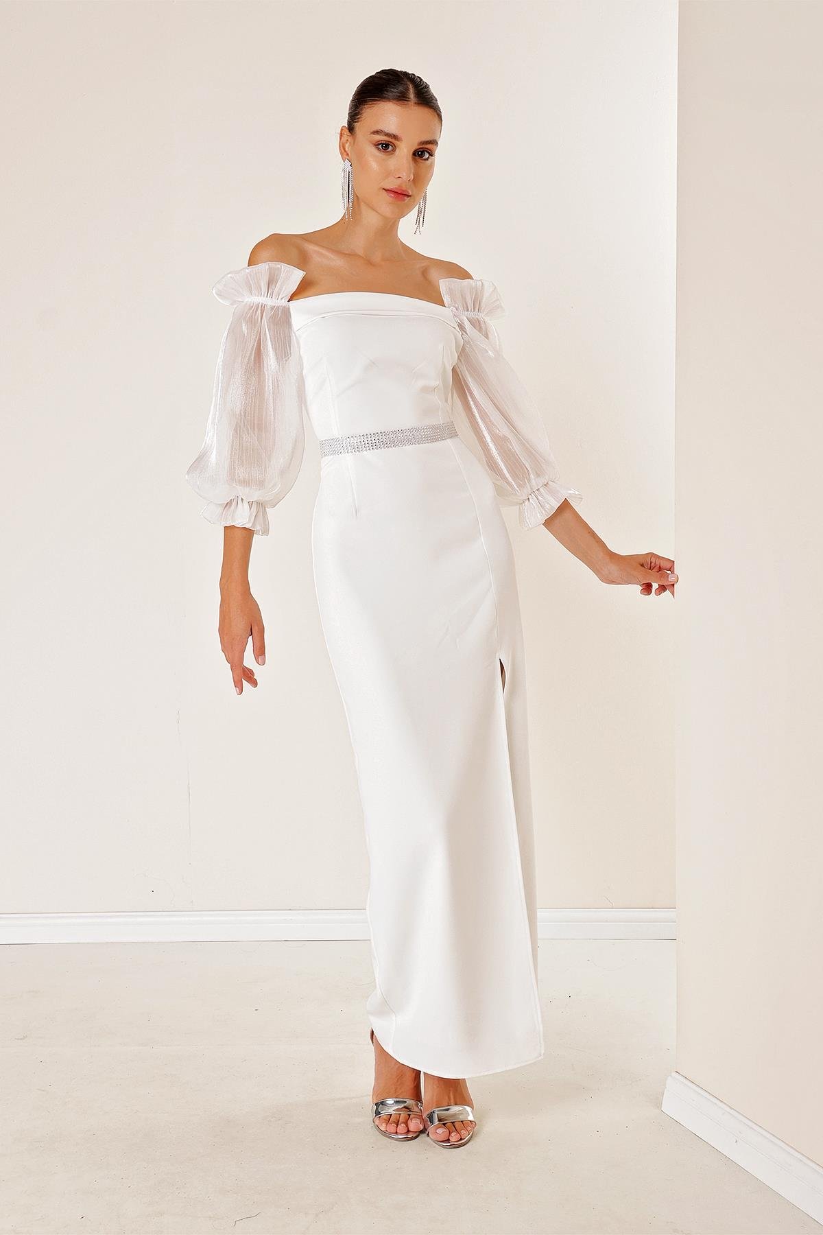 S-23K0230027Waist Belted Organza Long Sleeves Square Neck Front Slit Dress Black